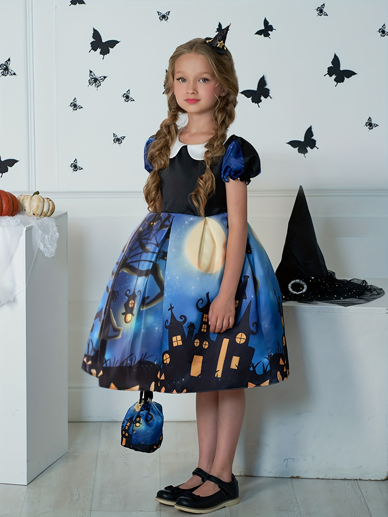 Girl's Halloween Dress Up Costume & Accessories, Cartoon Pattern Print A Line Dress, Character Cosplay Outfit, Kids Clothes for Halloween Holiday