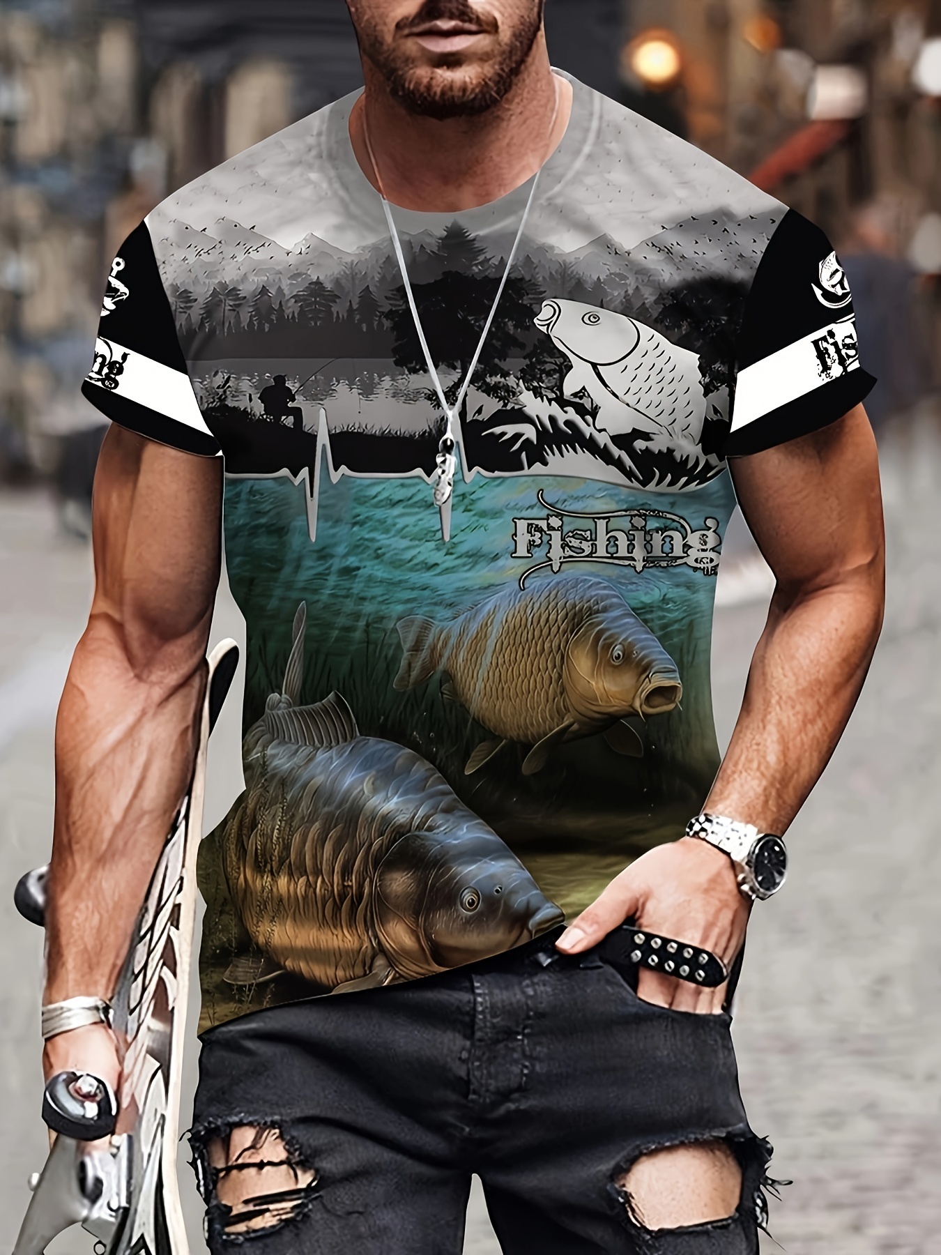 3D Fishing Print, Men's * Stretch Breathable T-shirt For Outdoor Summer,  Gift For Men