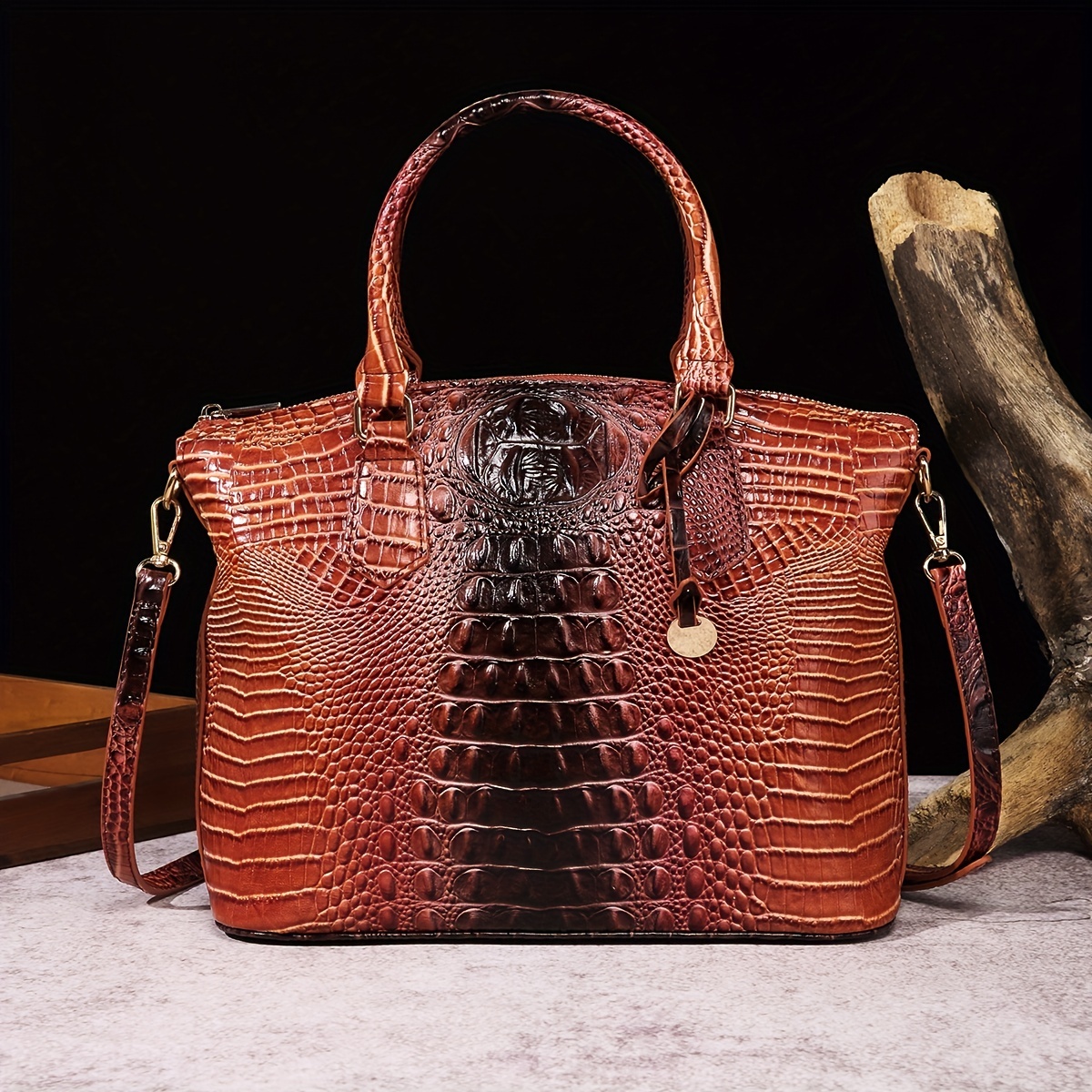 Women Retro Crocodile Pattern Leather Handbag Fashion Tote Handle Bag with Zipper and Shoulder Strap Rose Red