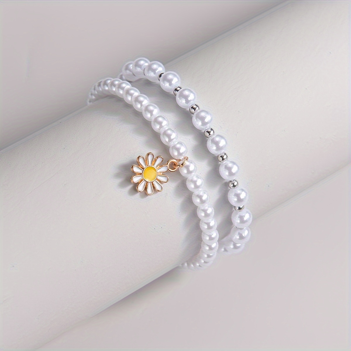 Delicate Daisy Flower Charm Faux Pearl Chain Bracelet Alloy - Temu