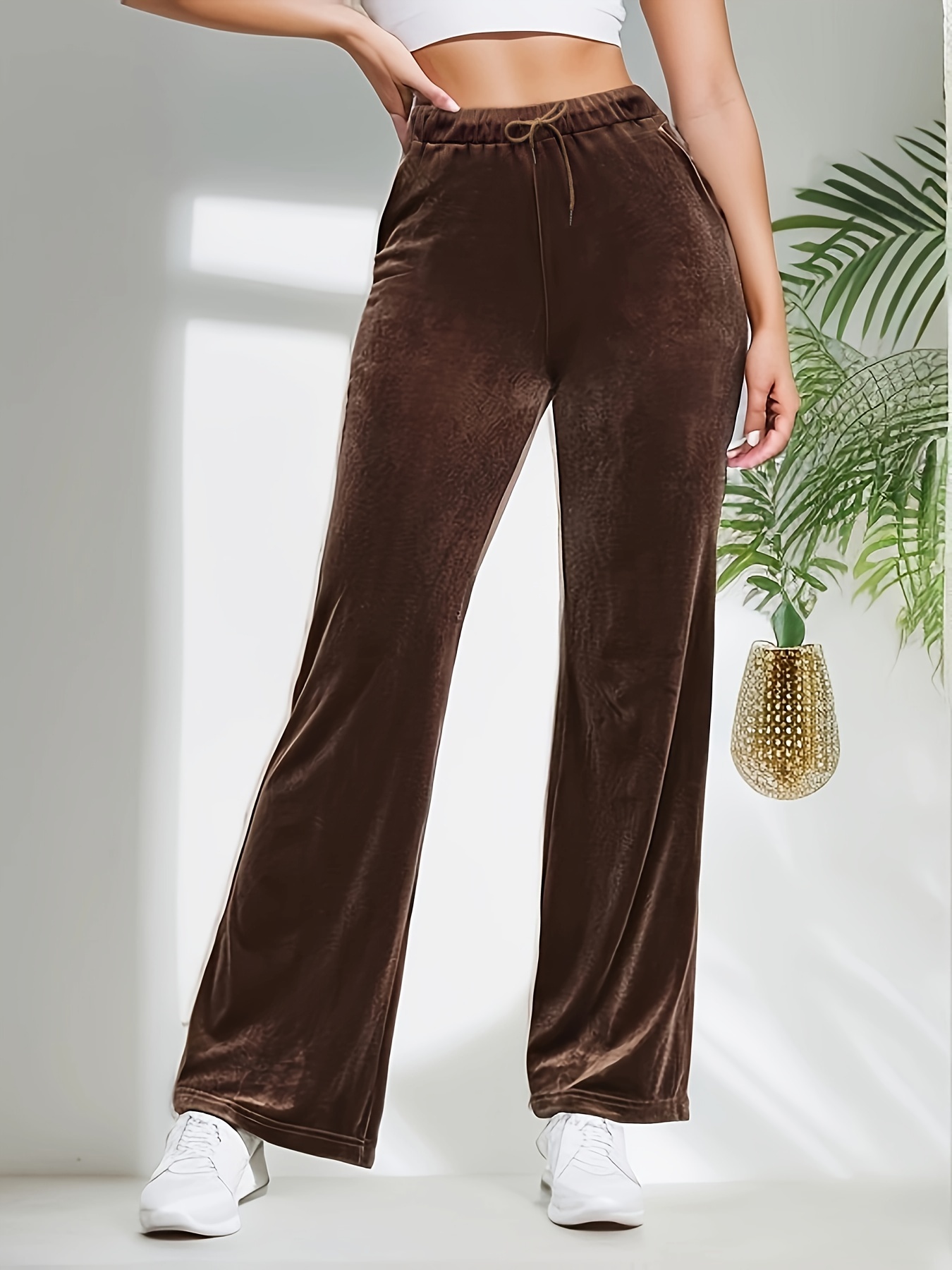 Women Winter Velvet Wide Leg Plus Size Pocket Pants Elegant Palazzo Trousers