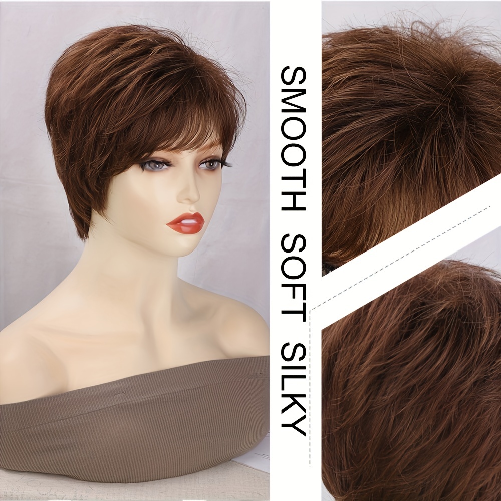 Short Brown Pixie Cut Wig with Bangs Natural Synthetic Fluffy Hair Wig 16 cm