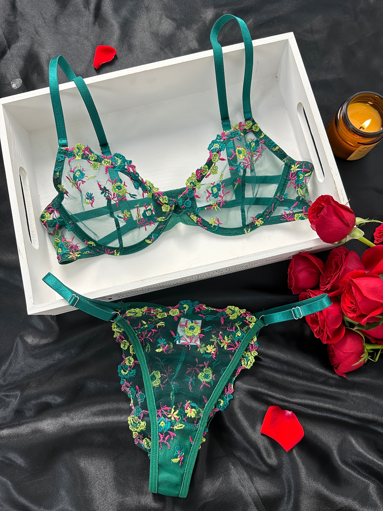  Bolayu Floral Embroidered Mesh Lingerie Set Women's