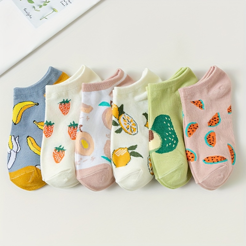 

6 Pairs Cartoon Fruit Print Socks, Soft & Comfy Low Cut Ankle Socks, Women's Stockings & Hosiery