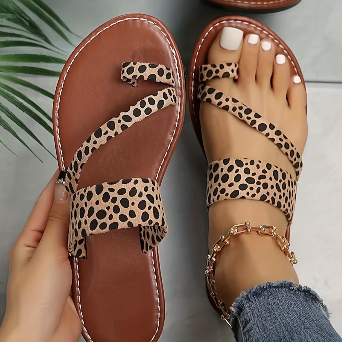 Women's Leopard Printed Flat Slides Toe Loop Non Slip Open - Temu