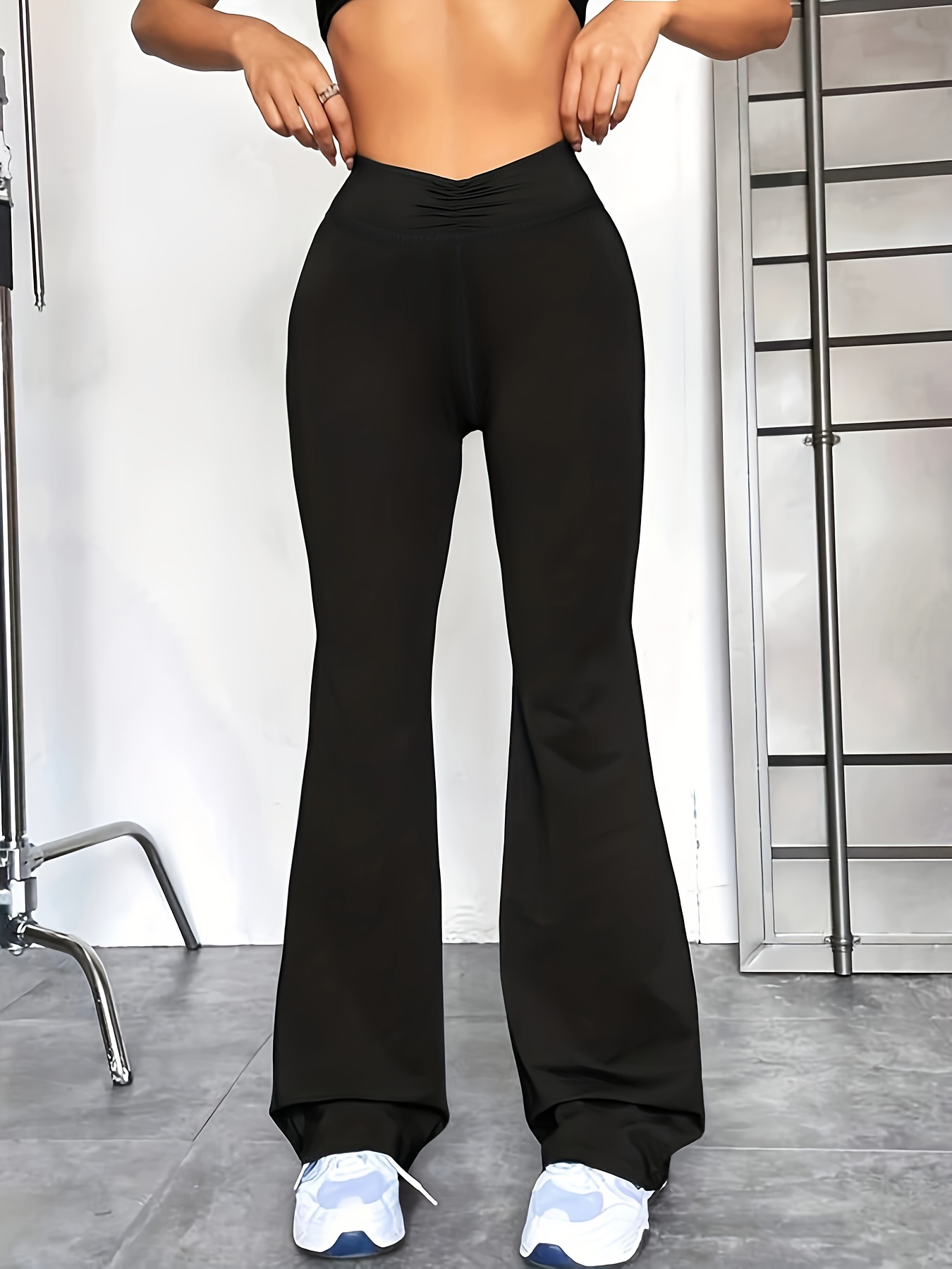 Pleated Waist Solid Color Sports Flared Pants Wide Leg - Temu