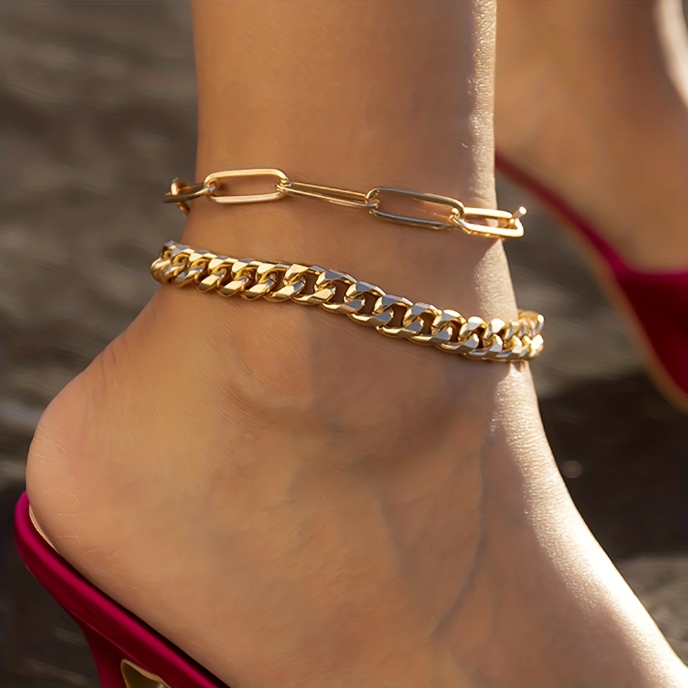 2pcs cuban chain anklet set double layers hip hop style ankle bracelet for women