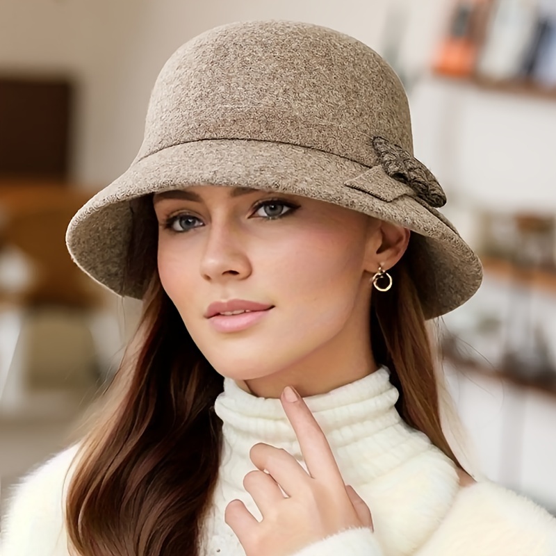 Classic Wool Bucket Hat Elegant Bowknot Decor Basin Hats Solid Color Lightweight Fedoras Felt Hat for Women Autumn & Winter,Temu