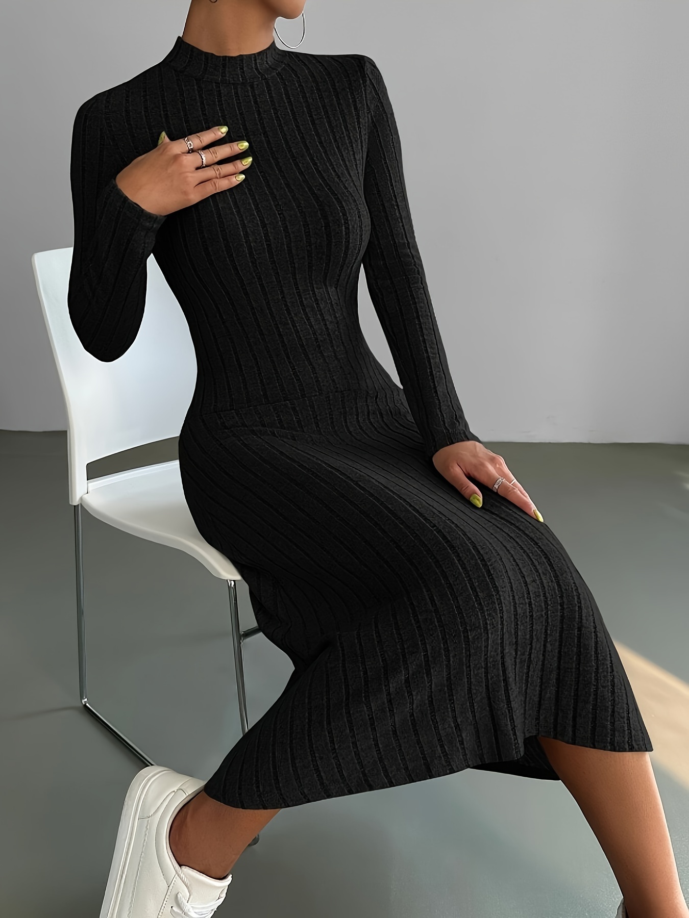 Rib Knit Long Sleeve Knitted Dress Casual Mock Neck Solid - Temu