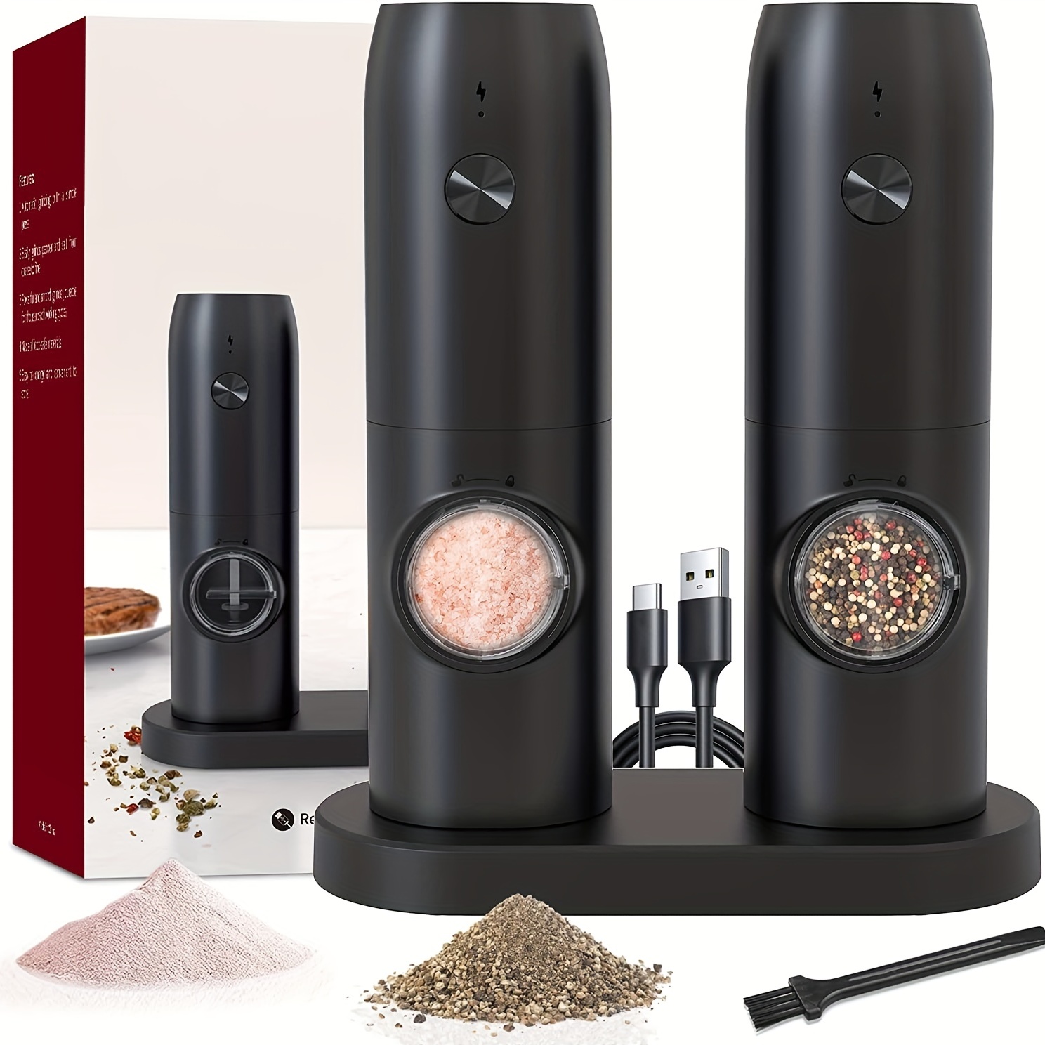 Stainless Steel Electric Salt and Pepper Grinder Set, Rechargeable, with  Charging Base, Adjustable Coarseness - 2pcs stainless steel grinder