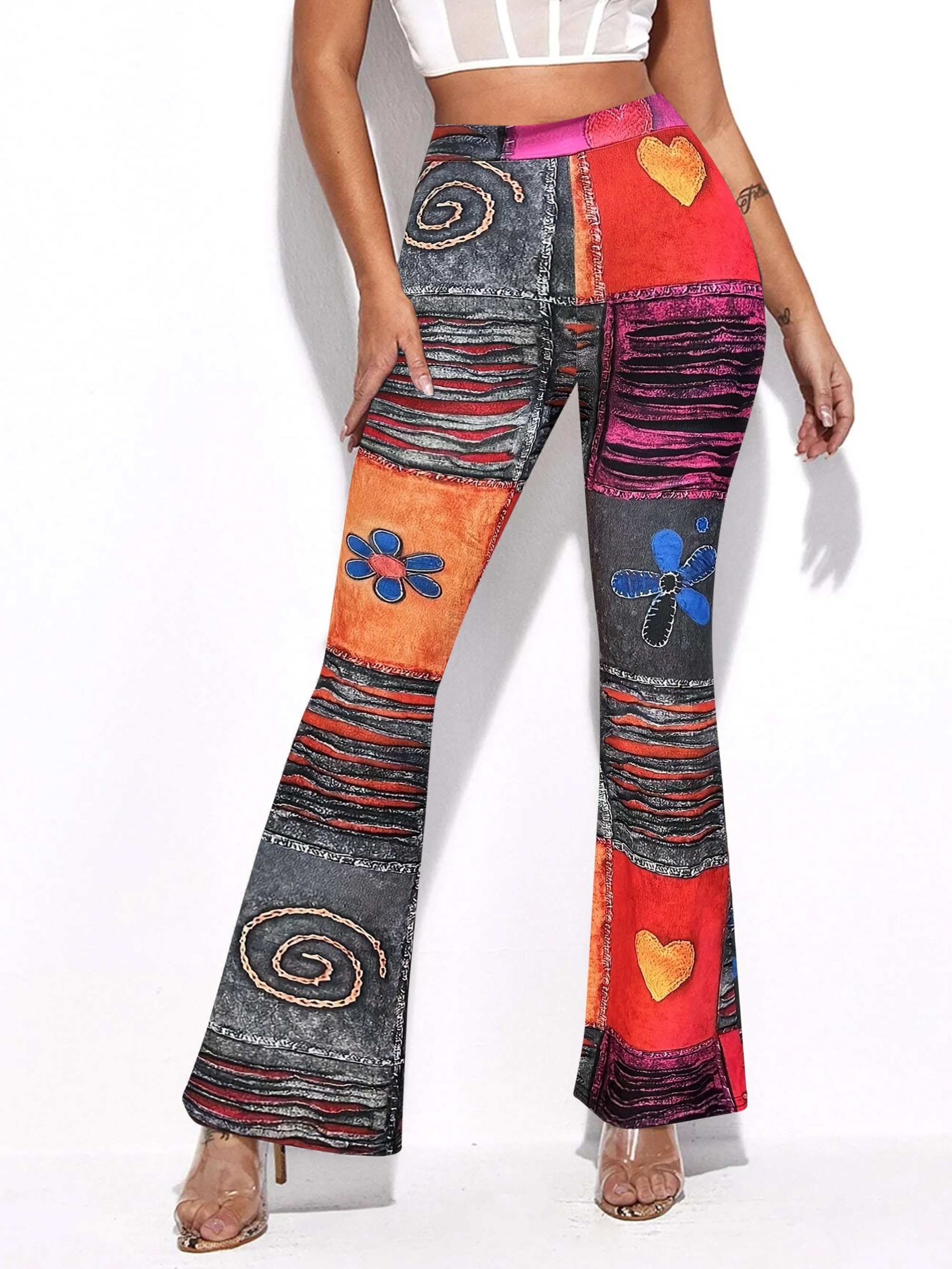 Y2k Graphic Print Flare Leg Pants Hippie Color Block Pants - Temu