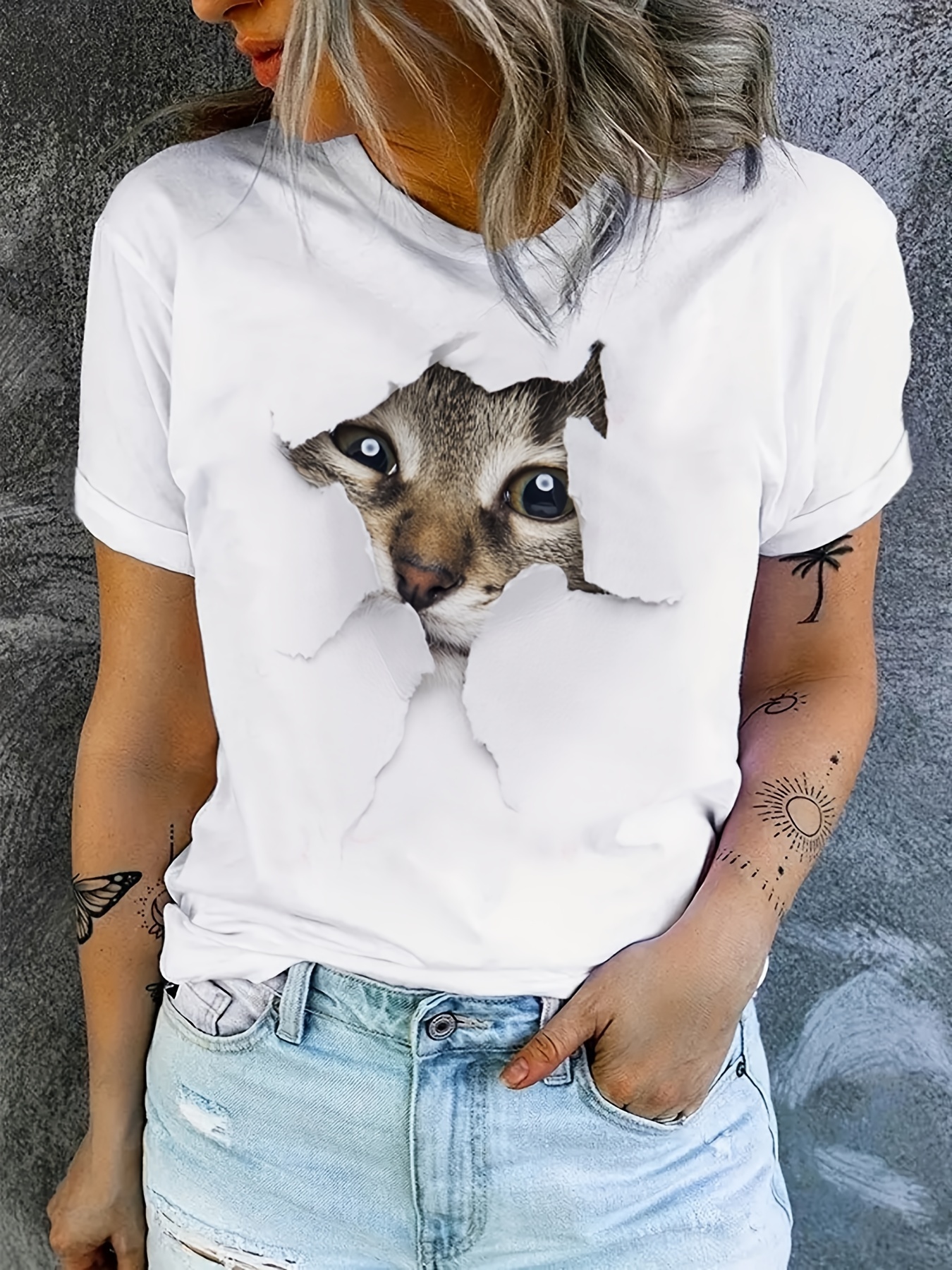 Cute Cat Print T shirt Crew Neck Short Sleeve T shirt Casual