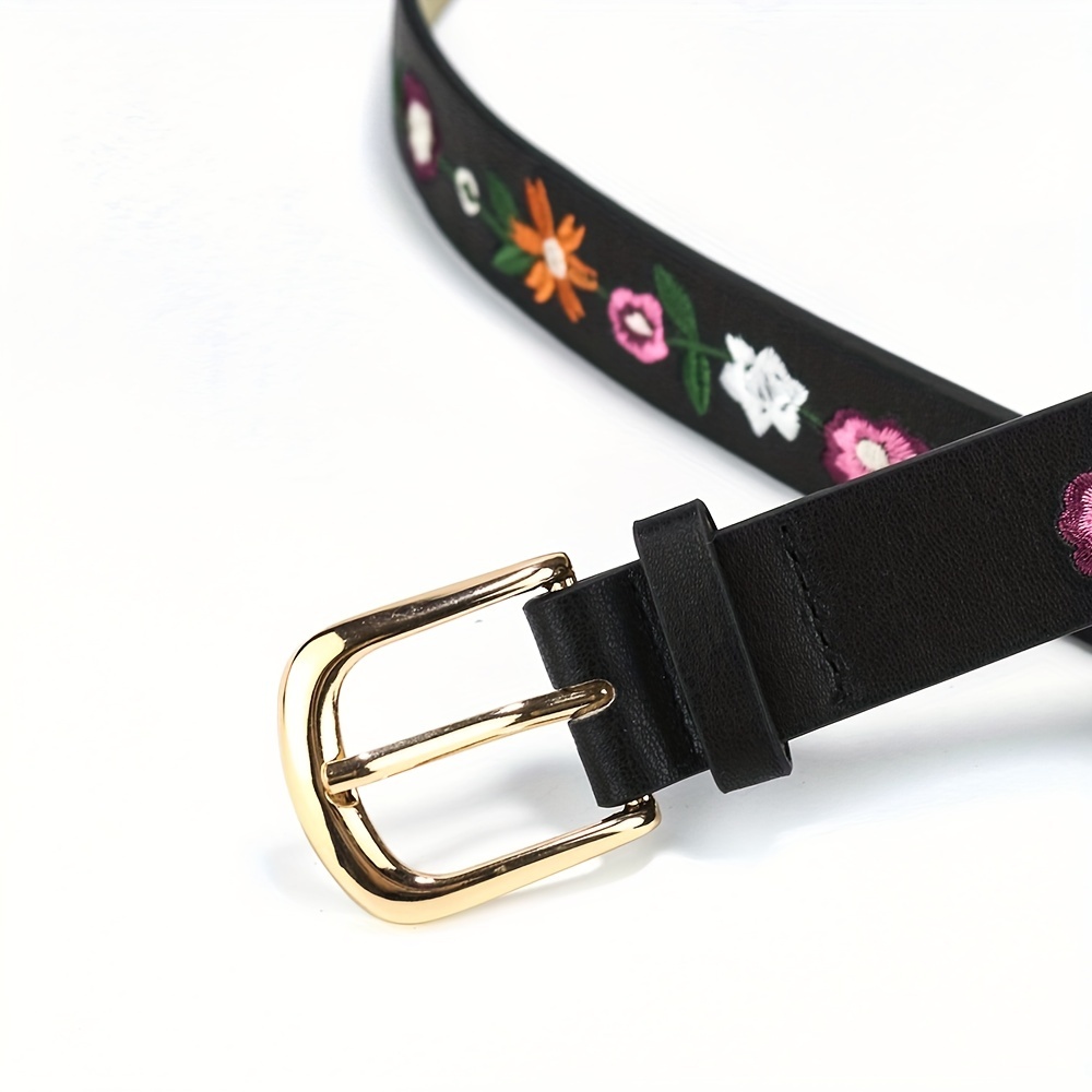 Boho Flower Embroidery Black Belt Vintage Pin Buckle Pu Leather