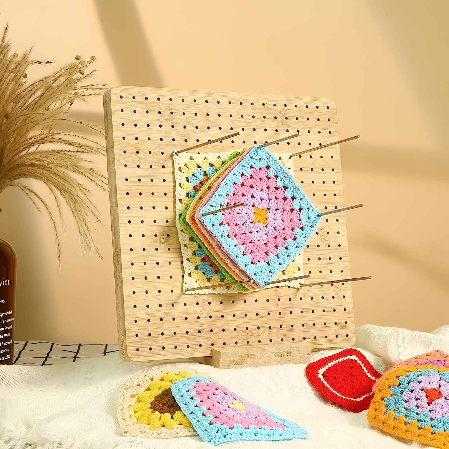 9.25 Inches Rubber Wooden Crochet Blocking Board,Crochet Accessories with  20 Pcs Steel Pins for Knitting Crochet and Granny Squares,Blocking Board  for