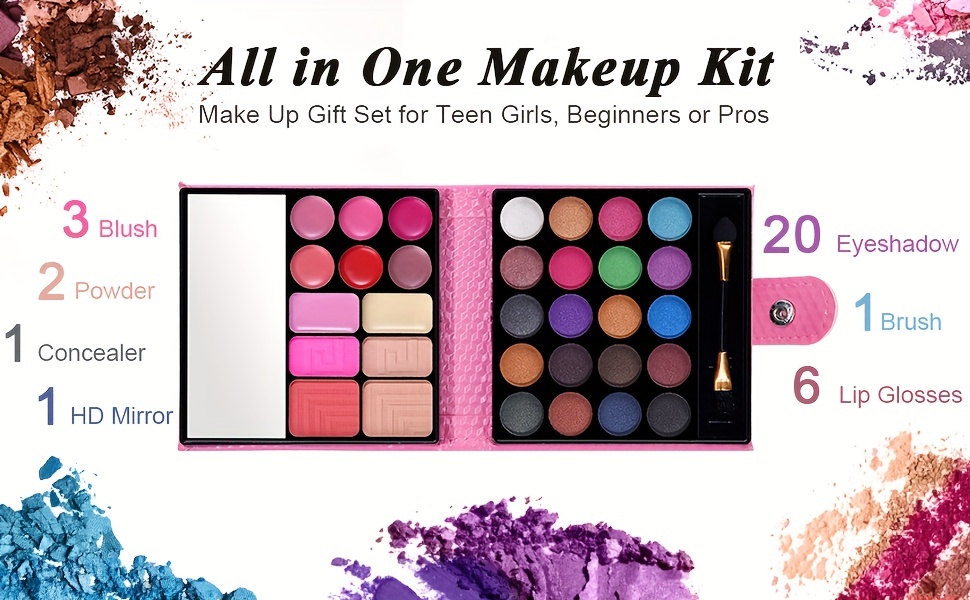 All in One Makeup Kit - 20 Eyeshadow, 6 Lip Glosses, 3 Blushers, 2 Powder,  1 Concealer, 1 Mirror, 1 Brush, Make Up Gift Set for Teen Girls, Beginners