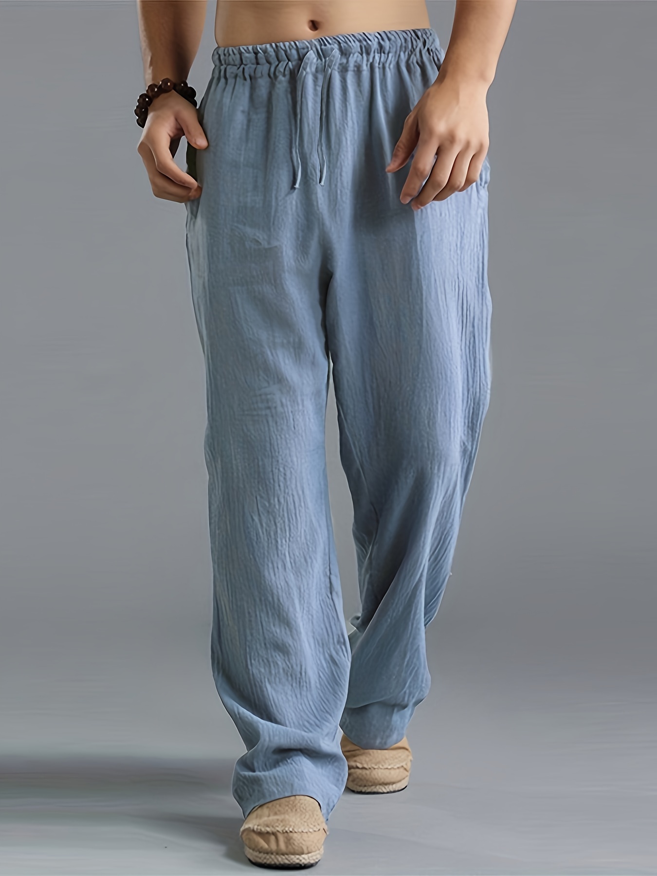 2023 New Cotton Linen Big Pocket Thin Women's Pants Solid Elastic