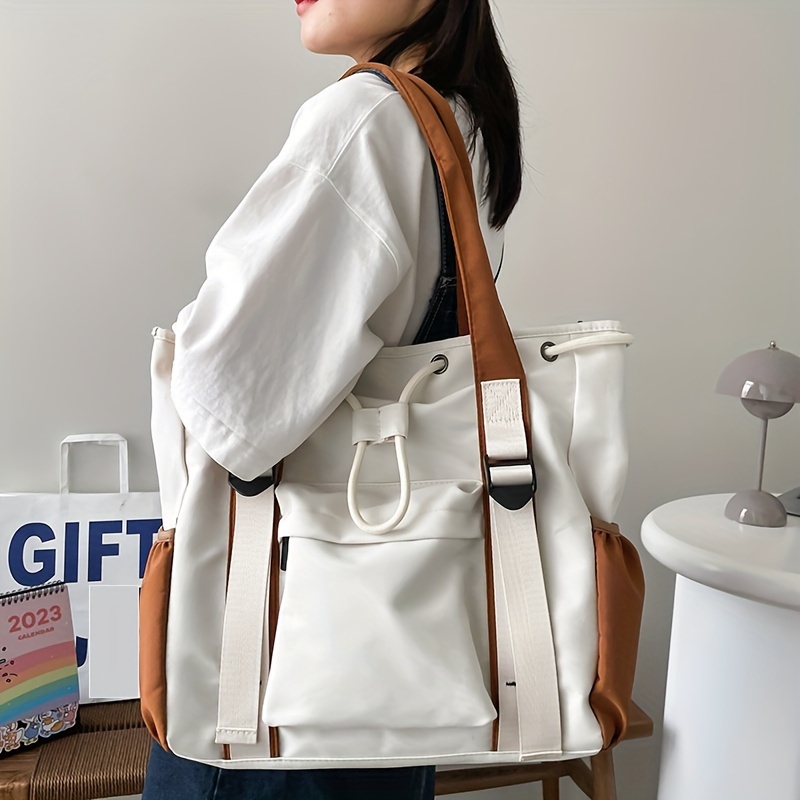 E-shop Große Nylon Tote Bag für Damen, Braun Patchwork Schultertasche, Lässige Reise Einkaufstasche, Studenten Schul Crossbody Bags