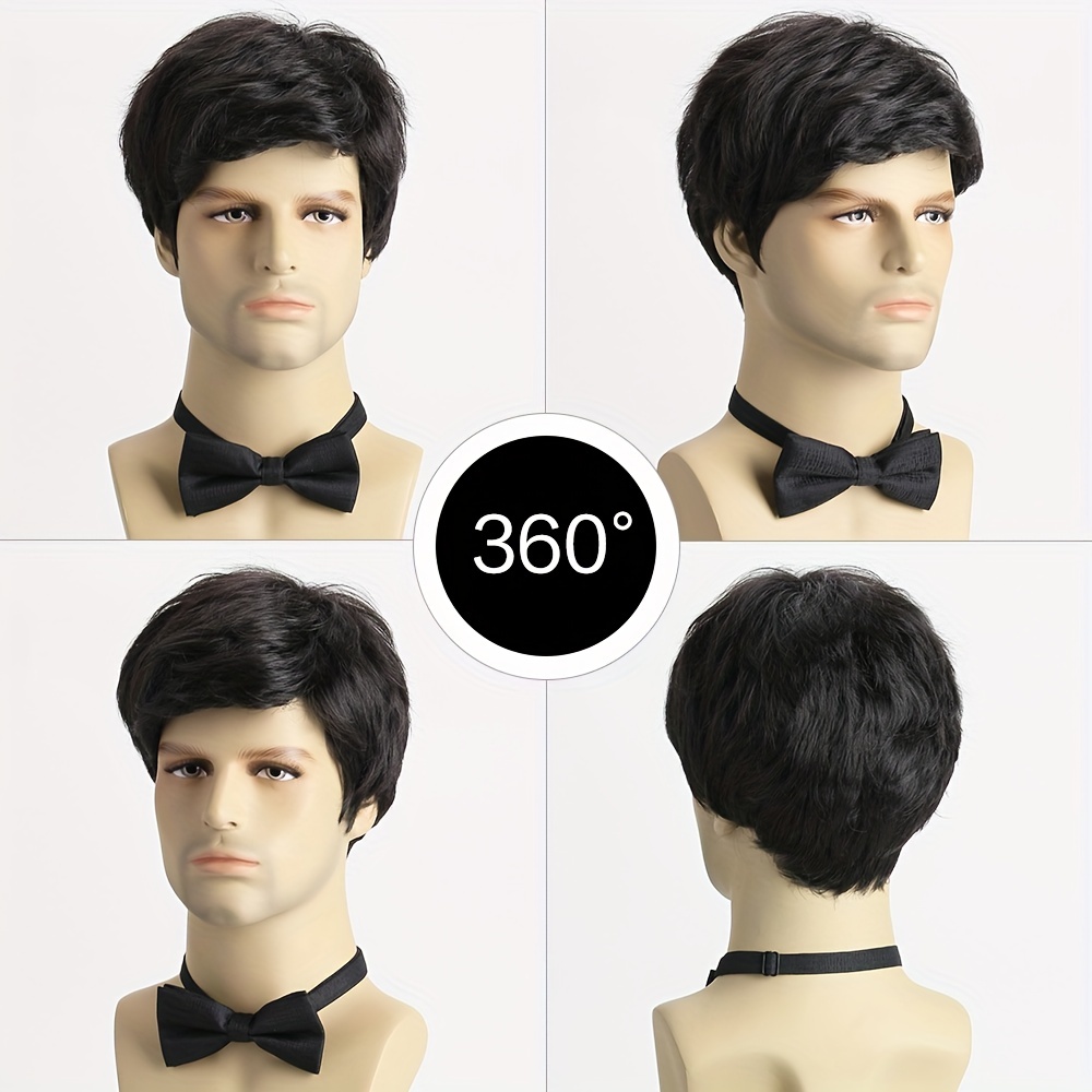 Men's Elegant Short Curly Wig with Side Bangs, 10-Inch Synthetic Fiber, Heat Resistant, Non-Textile Material, Black, Funky Style - Perfect for Daily Wear, Parties, Halloween, and Role-Playing details 0