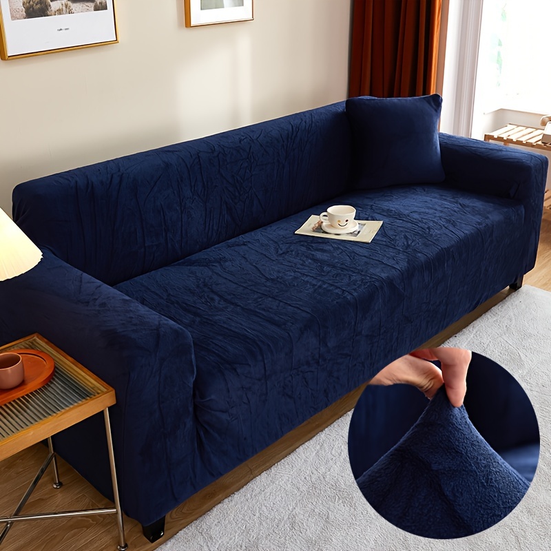 Velvet Sofa Cover Loveseat Plush Couch Cover Slipcover All-Inclusive  Protector Washable with Non-Slip Straps, Navy Blue 