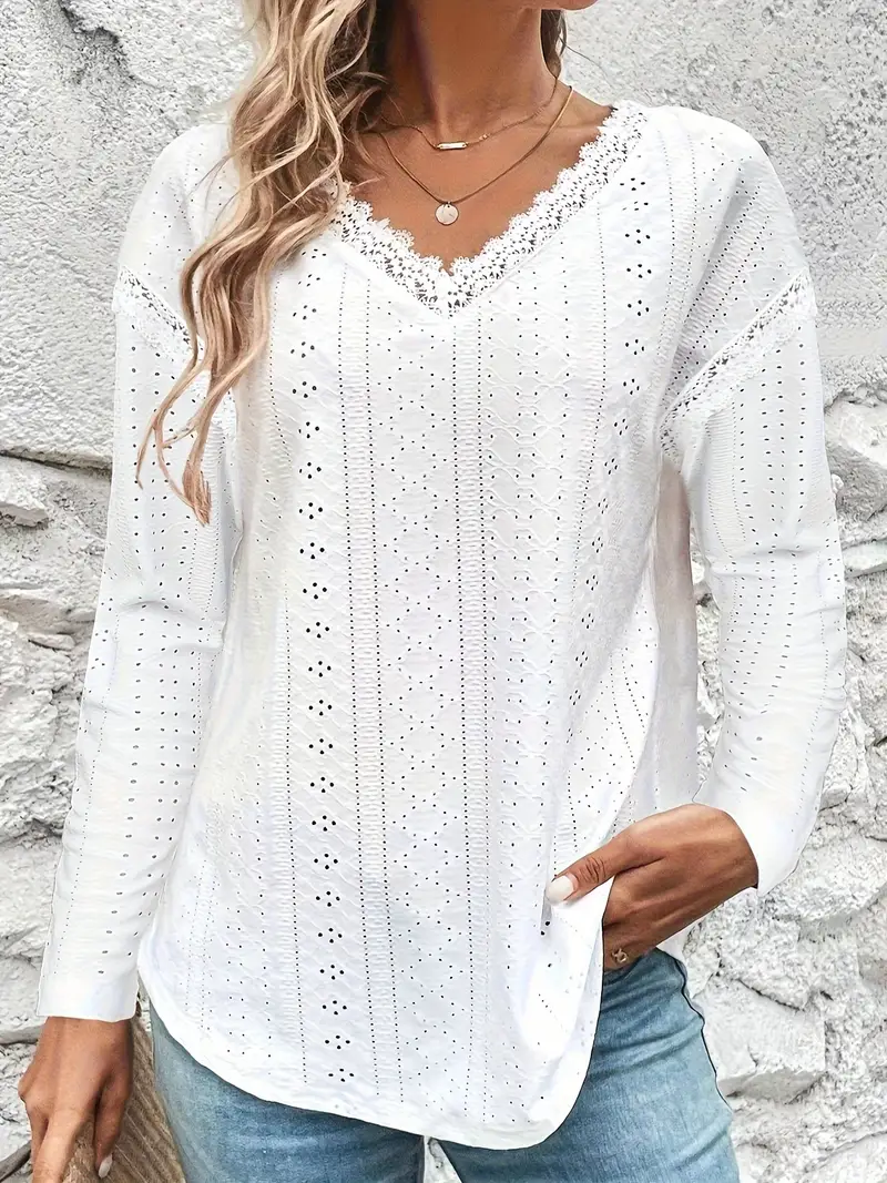 Solid Eyelet Knitting T shirt Casual Contrast Lace V neck - Temu