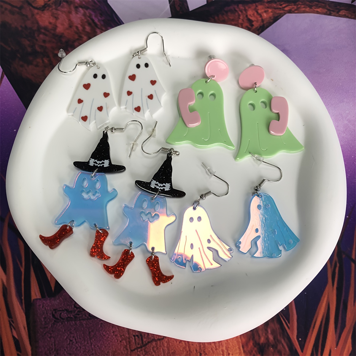 Fun Acrylic Halloween Ghost Earrings, Witch Hat Dazzling Laser Ghosts ...