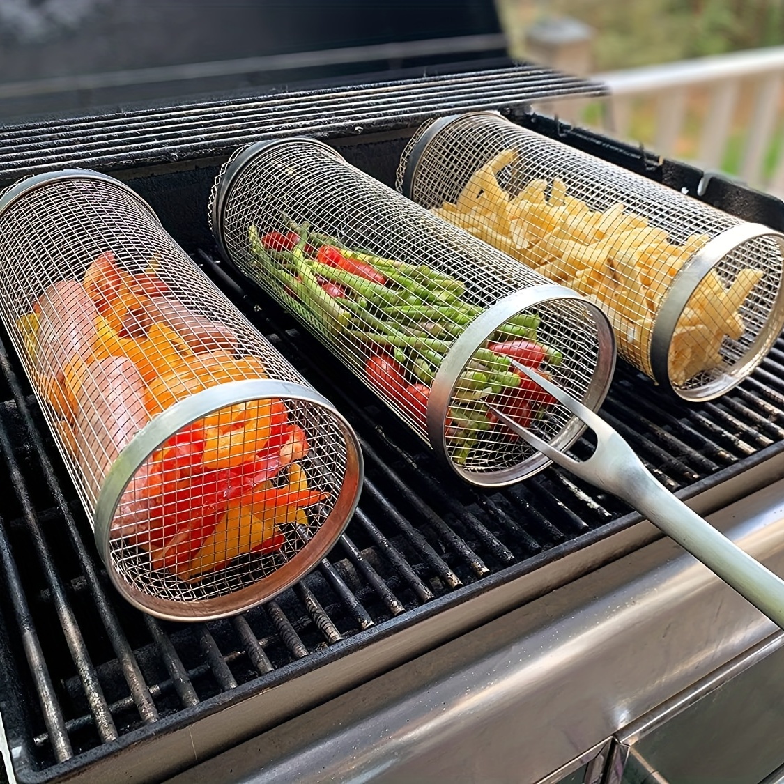 AIGMM Portable Stainless Steel BBQ Barbecue Grilling Basket for Fish  ,Vegetables , Steak ,Shrimp, Chops and Many Other Food .Great and Useful  BBQ