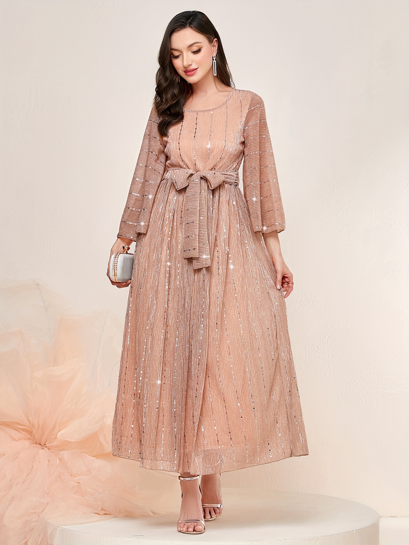 Three quarter sleeve sequin embellished hot sale maxi dress