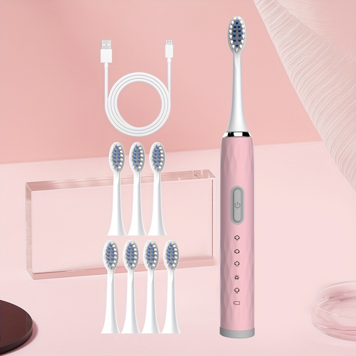 Upgrade 5-speed Charging Model-electric Toothbrush C1 Pink (with 8 Brush Heads) Unisex Soft Bristles That Do Not Harm Gums IPX7 Waterproof White Minimalist Care For Oral Hygiene Electric Toothbrush Adult Sonic Automatic Fashion Model