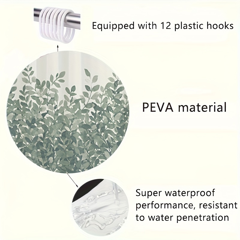 Peva Leaf Pattern Plastic Shower Curtain With Plastic Hooks