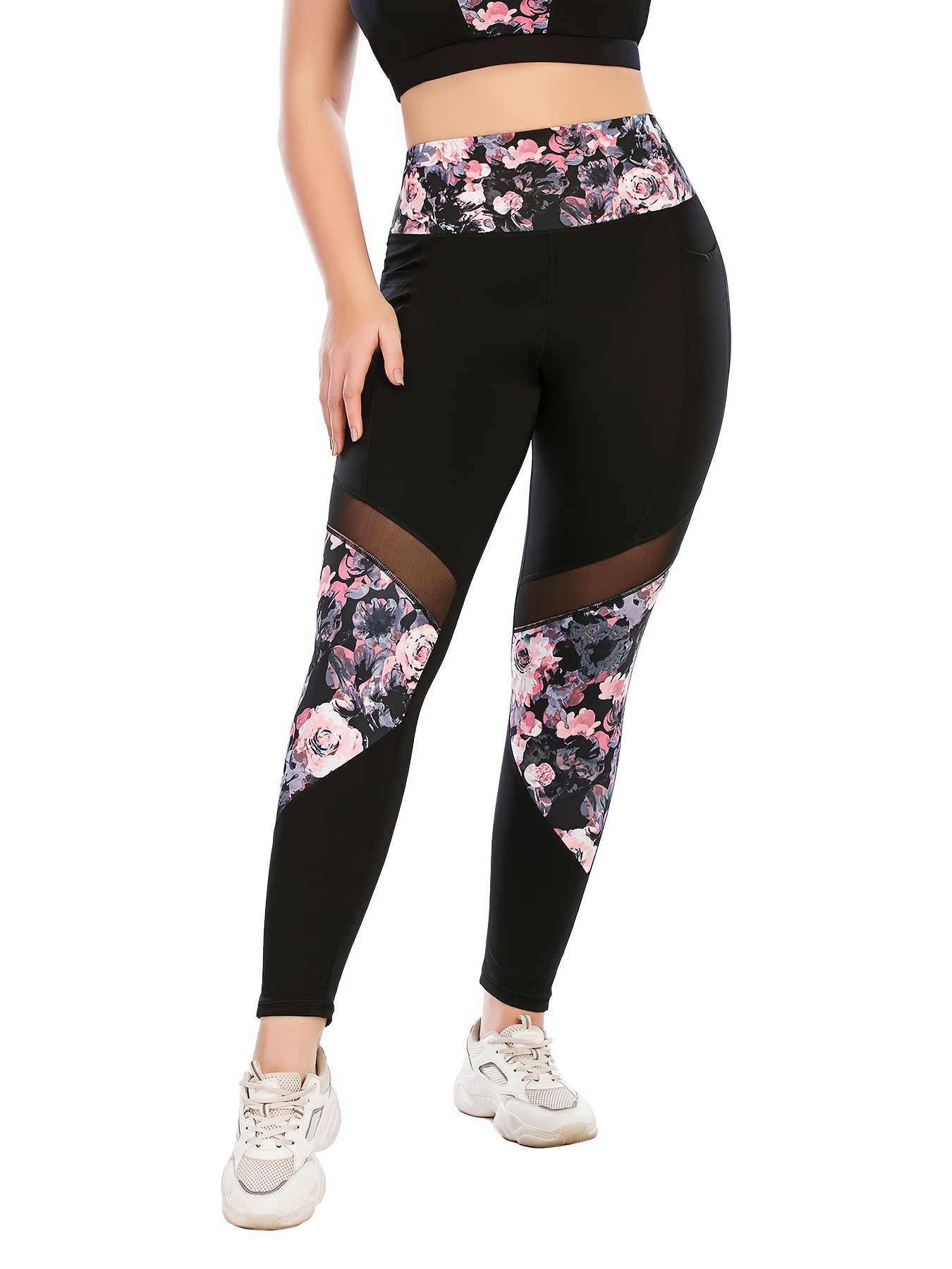 Leggings deportivos con estampado floral de malla en contraste