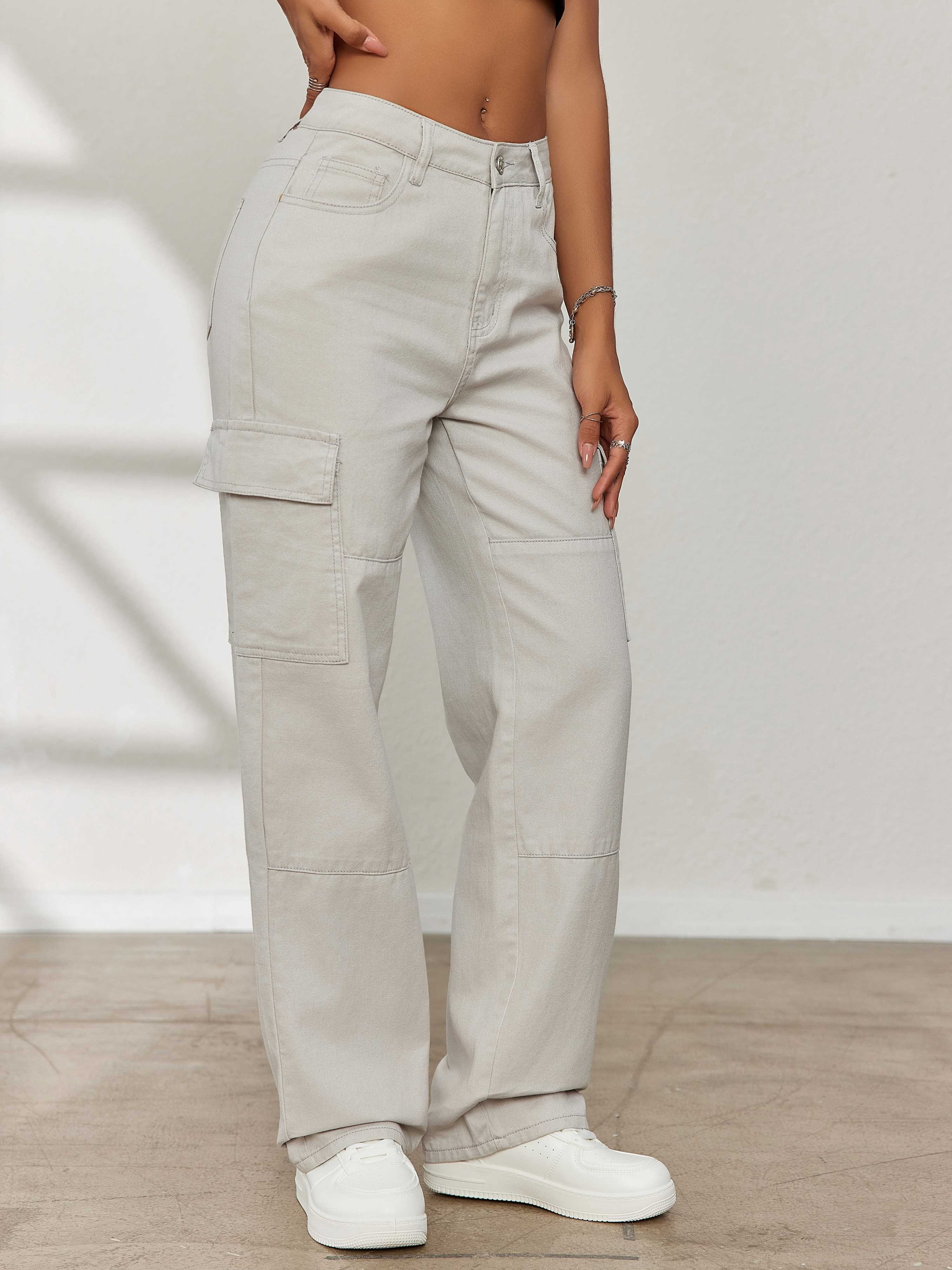 Plain Flap Pockets Cargo Pants Loose Fit Y2k Kpop Style - Temu