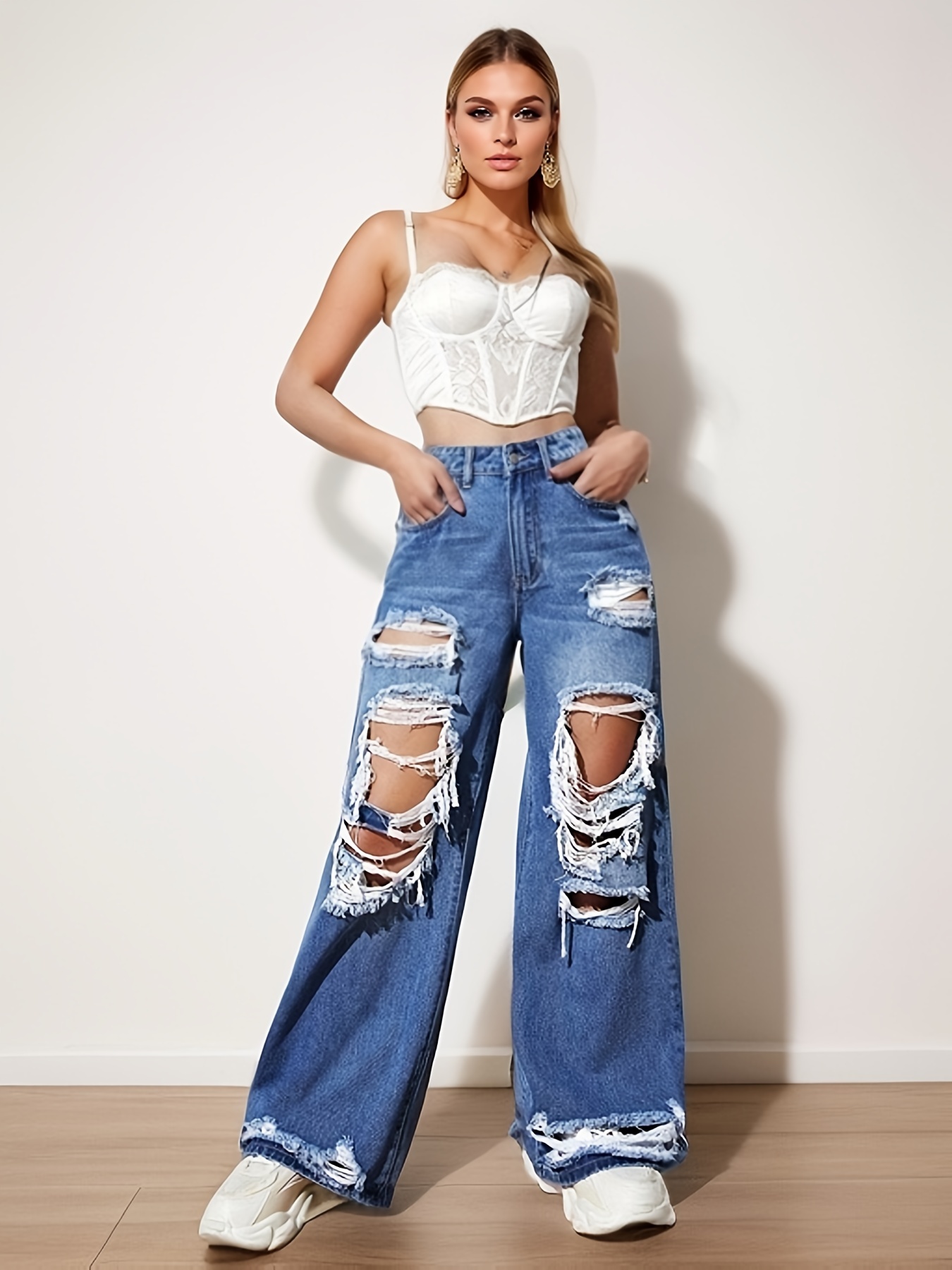Ripped Straight Leg Loose Fit Jeans High Wide Legs - Temu Poland