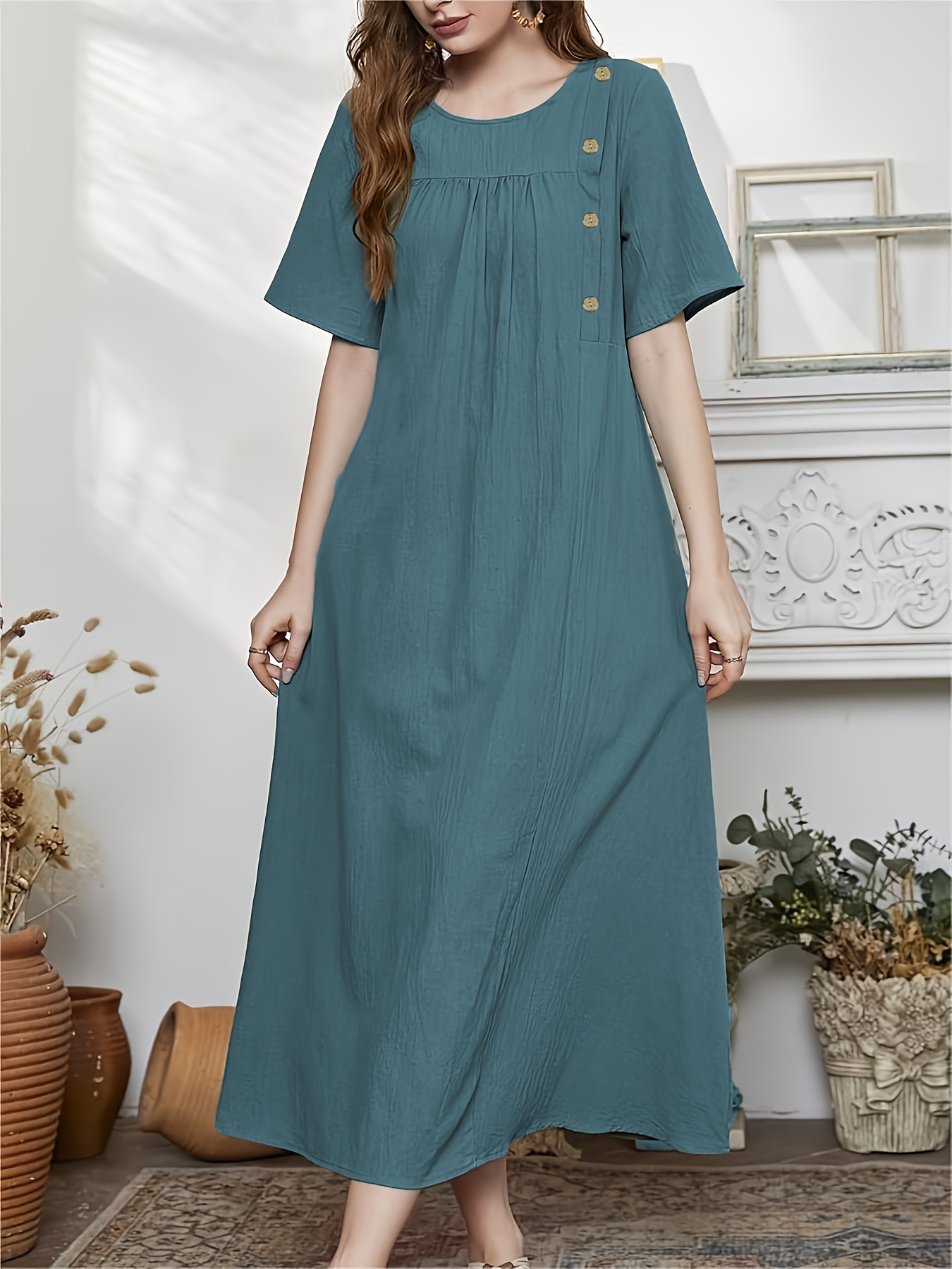 V-neck Short Sleeve Floral Cotton Linen Dress