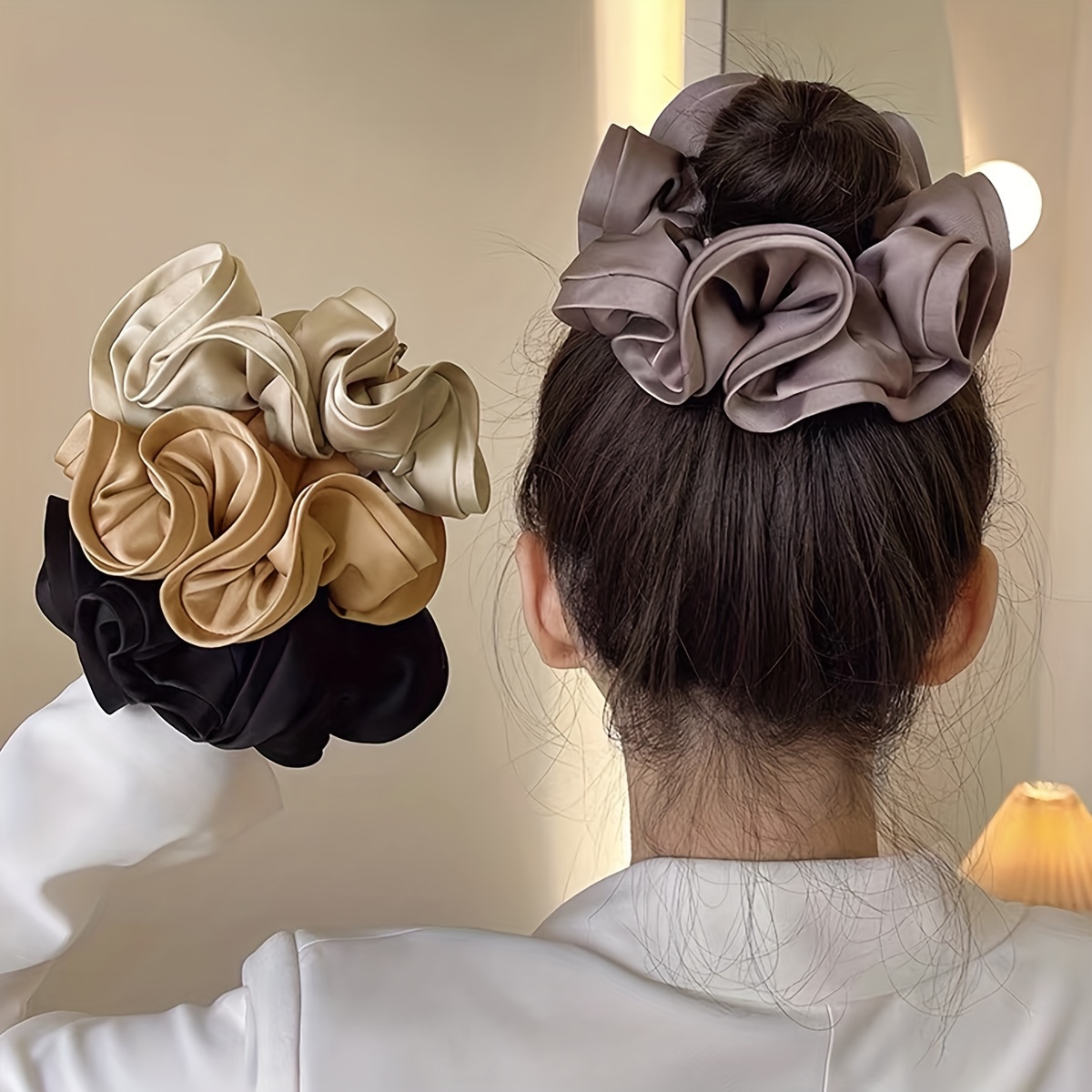 

1/4 Pcs Vintage French Soild Color Hair Tie Ruffles Satin Scrunchies Elegant Imitation Silk Hair Ring