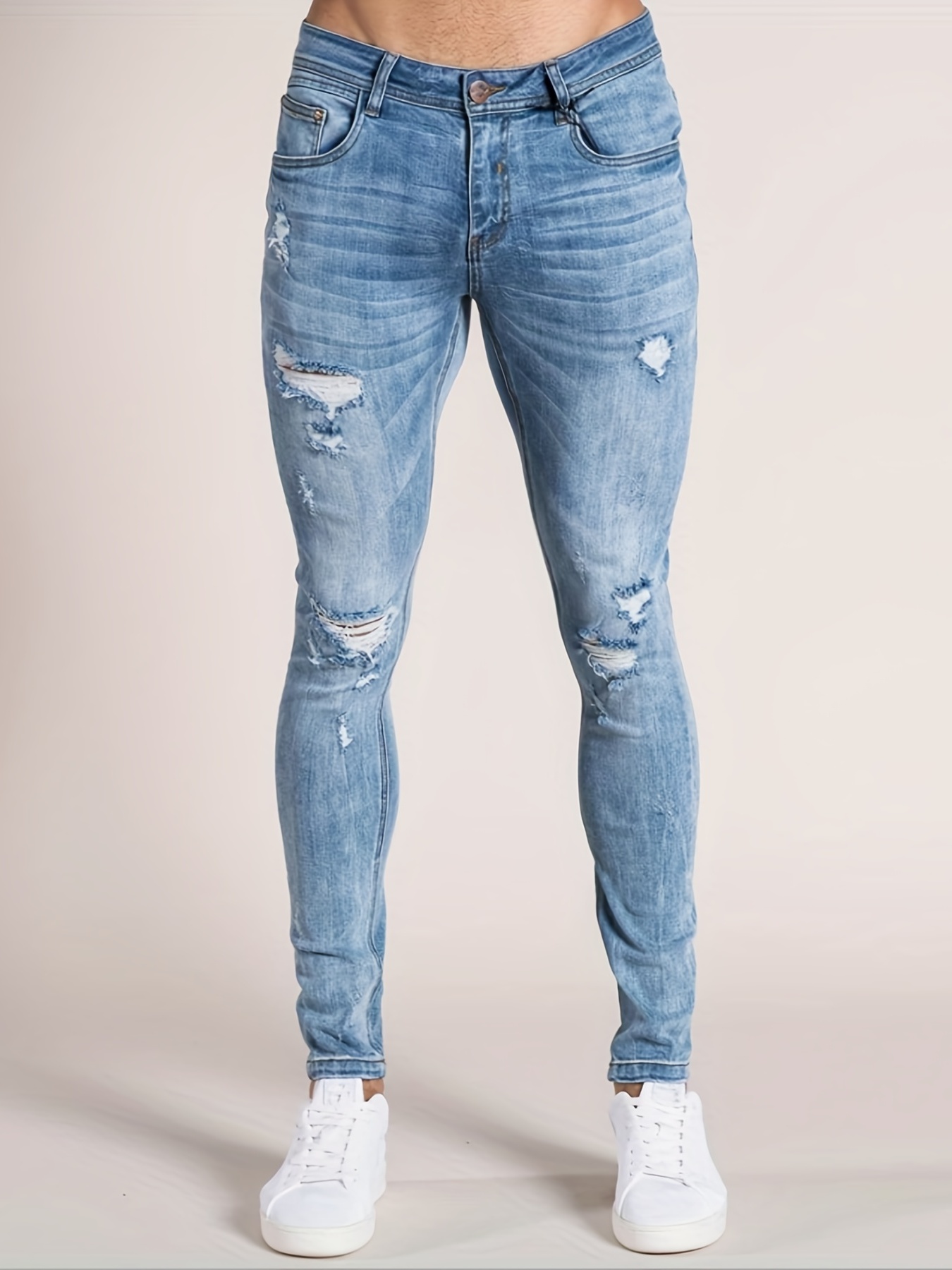 Slim Fit Ripped Jeans, Men's Casual Street Style Distressed * Stretch Denim  Pants For Spring Summer