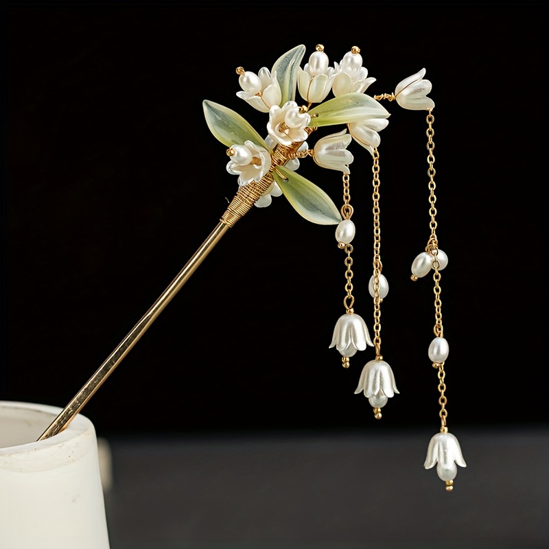 

1pc White Lily Of The Valley Hairpin Fairy Tassel Ladies Ancient Style Dress Up Headwear Handmade Beaded Hair Accessories