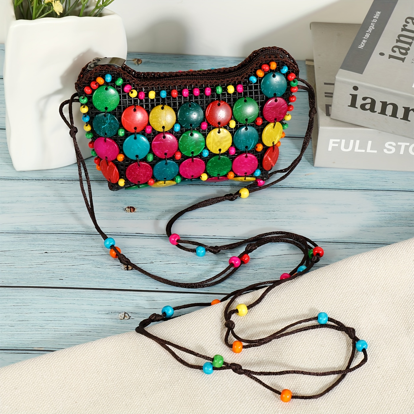 Coconut Shell Beaded Sling Bag Round