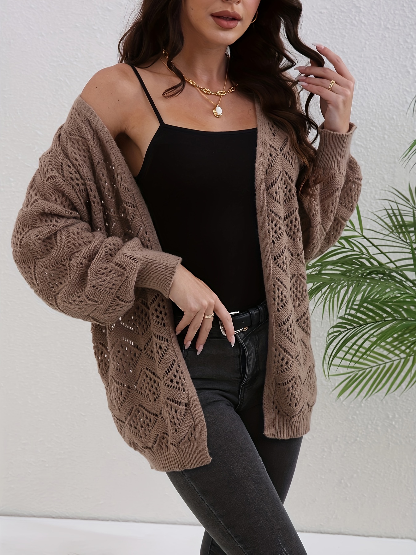 Contrast Trim Open Front Pointelle Knit Cardigan Casual Long
