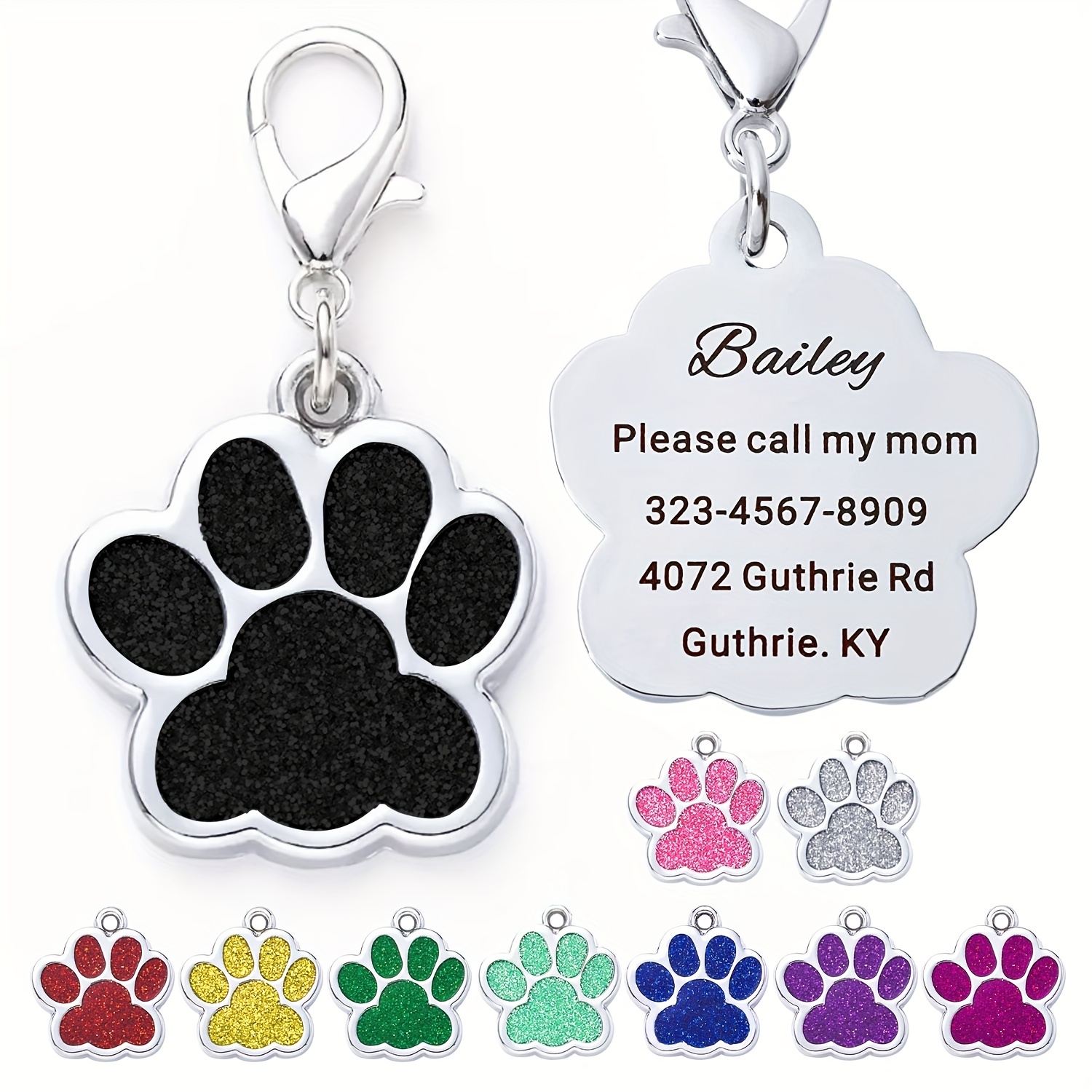 

Personalized Dog Tag Custom Name Tag Cute Bling Glitter Pet Name Tags Paw Print Pet Id Tags