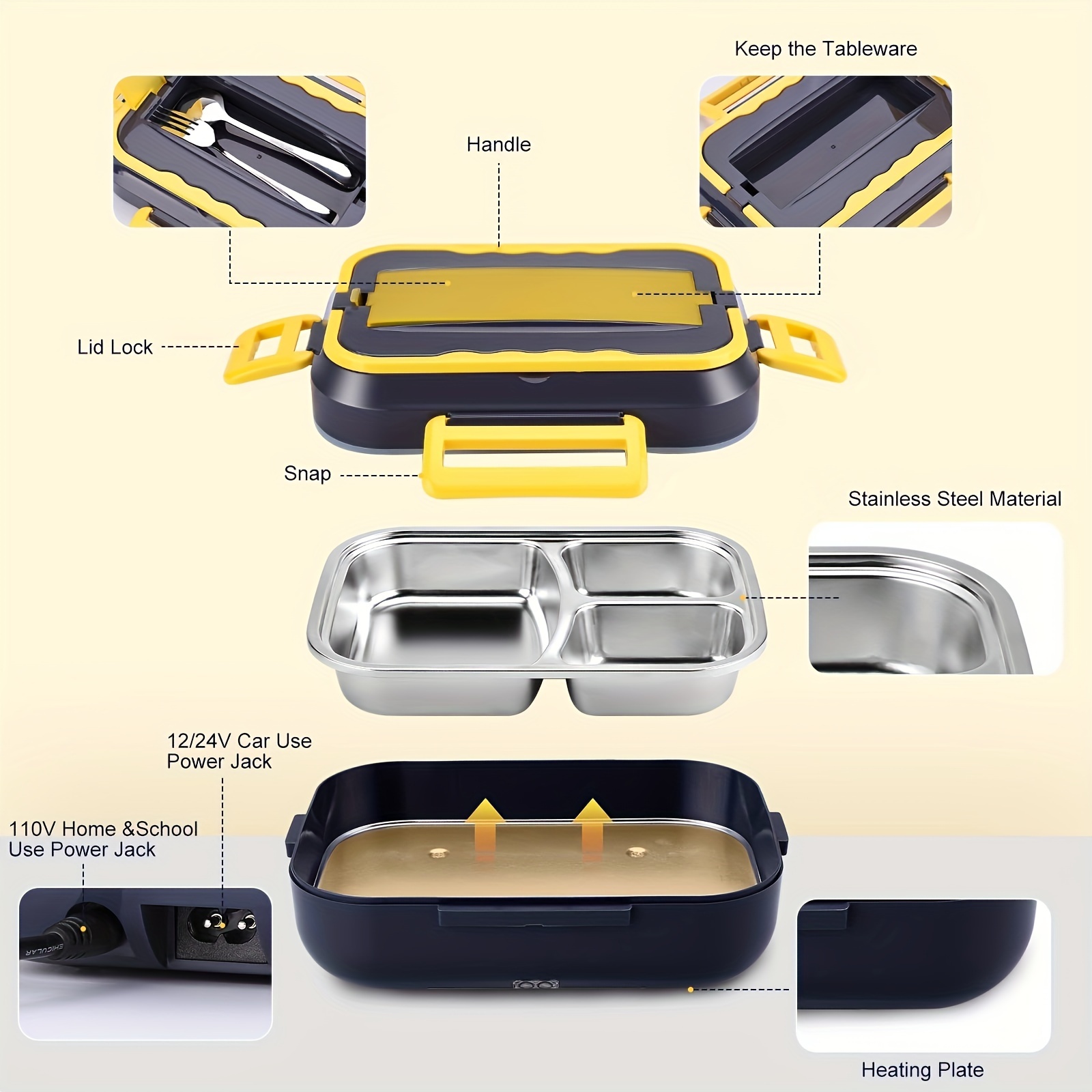 Caja De Almuerzo Eléctrica Portátil Calentador De Comida Para  Coche/hogar/camioneros A Prueba De Fugas Con Contenedor De Acero Inoxidable  Extraíble 60W 1.5 L 110V/12V/24V - Temu