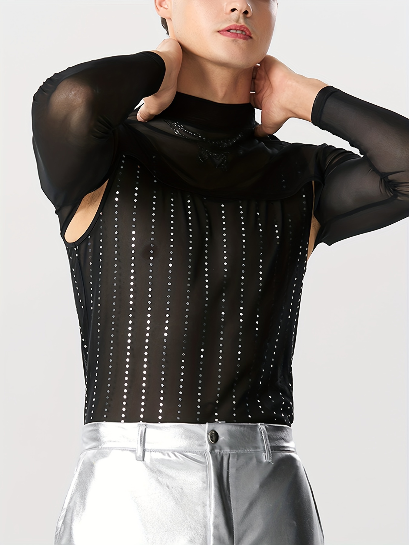 Men's Fishnet Sheer Shirt Tops Long Sleeve Round Neck Tee - Temu Canada