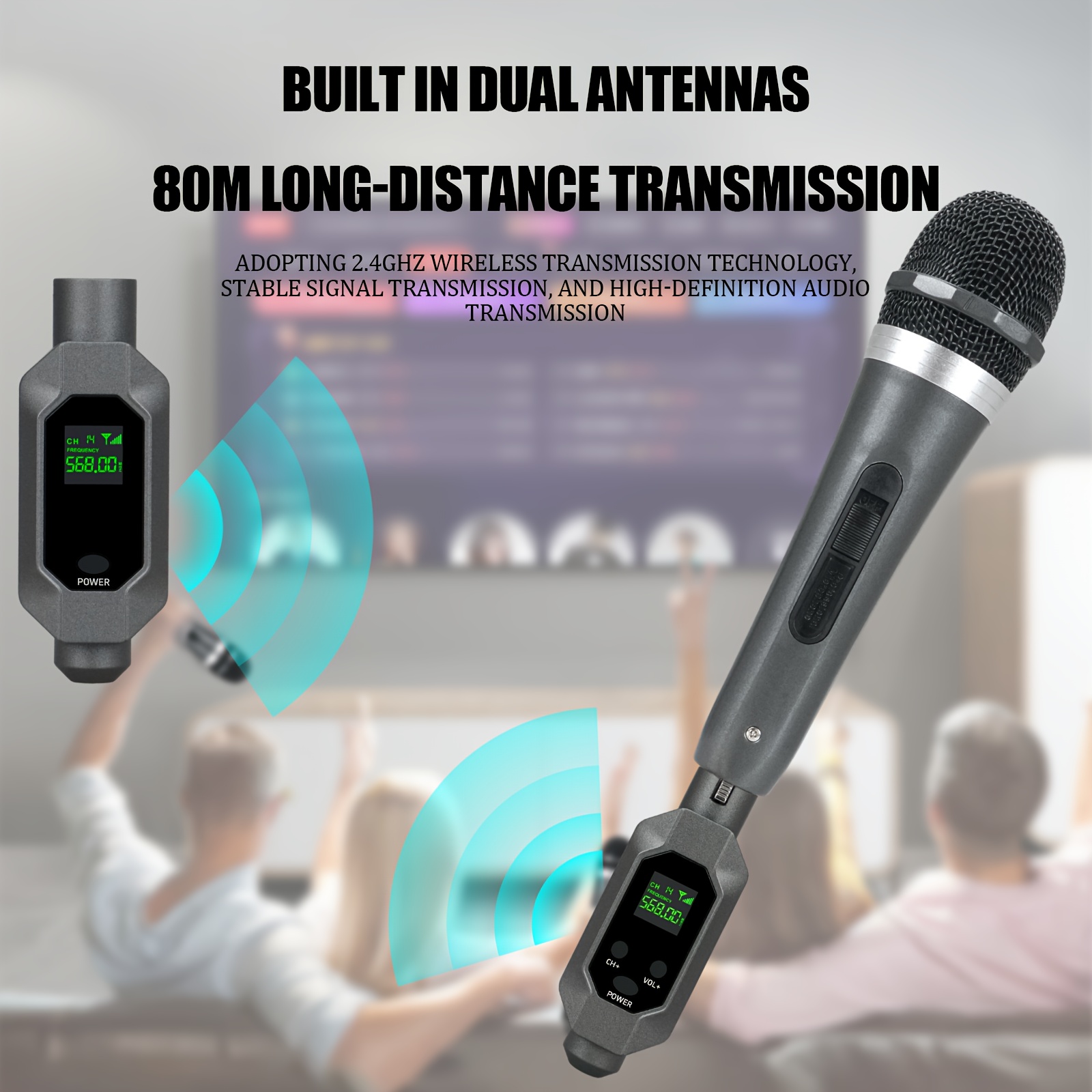 Wireless microphone transmitter receiver plugged into XLR microphone wireless system suitable for 48V capacitive microphone dynamic microphone