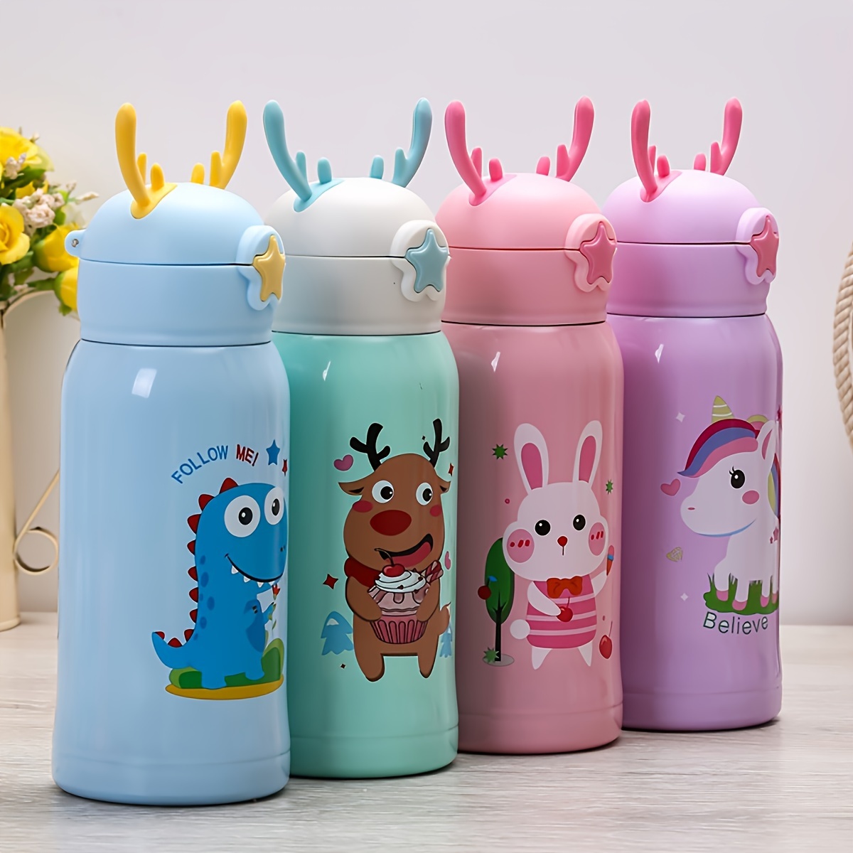 380ml Mini Kids Cute Thermos Bottle with straw 304 Stainless Steel