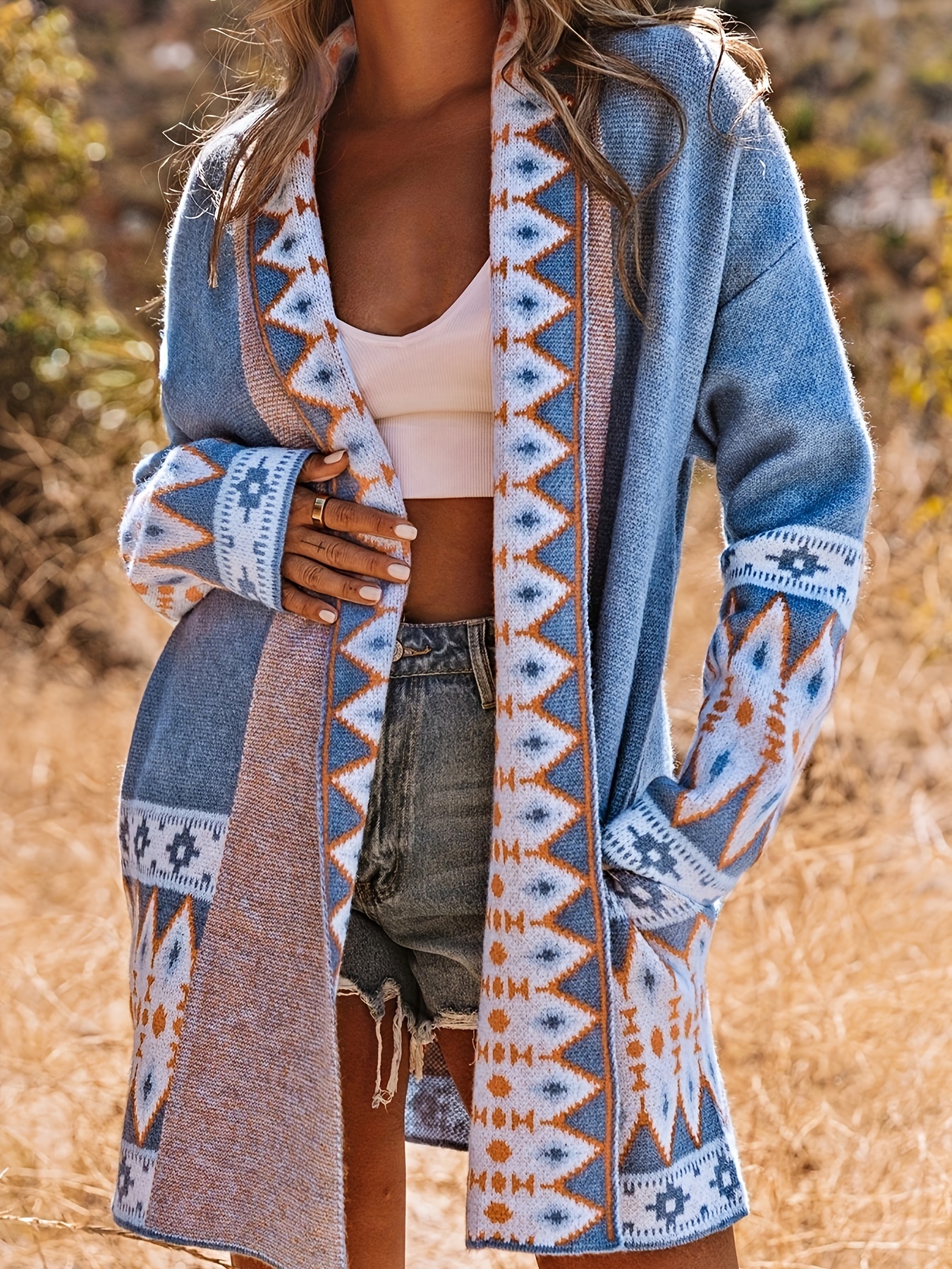 Blue Aztec Print Open Front Knitted Cardigan