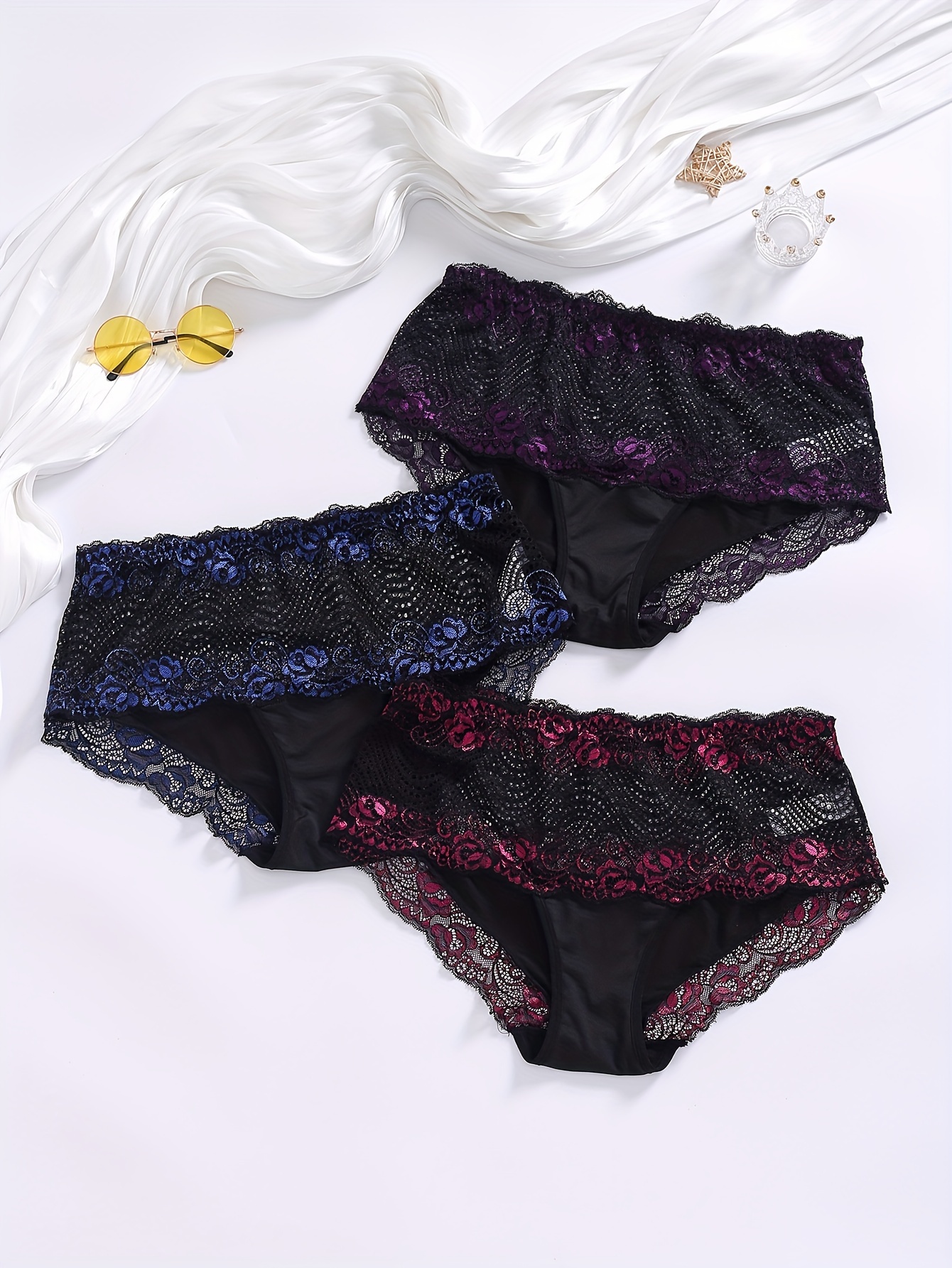 3 Pack Plus Size Sexy Panties Set, Women's Plus Floral Embroidered  Scalloped Trim Breathable Lace Briefs Three Piece Set