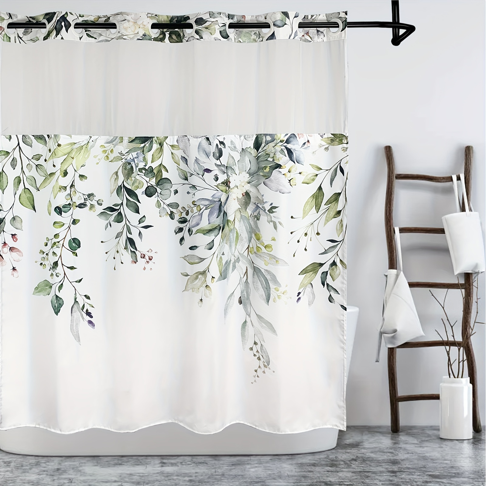 No Hook Leaf Pattern Shower Curtain Waterproof Bathroom - Temu