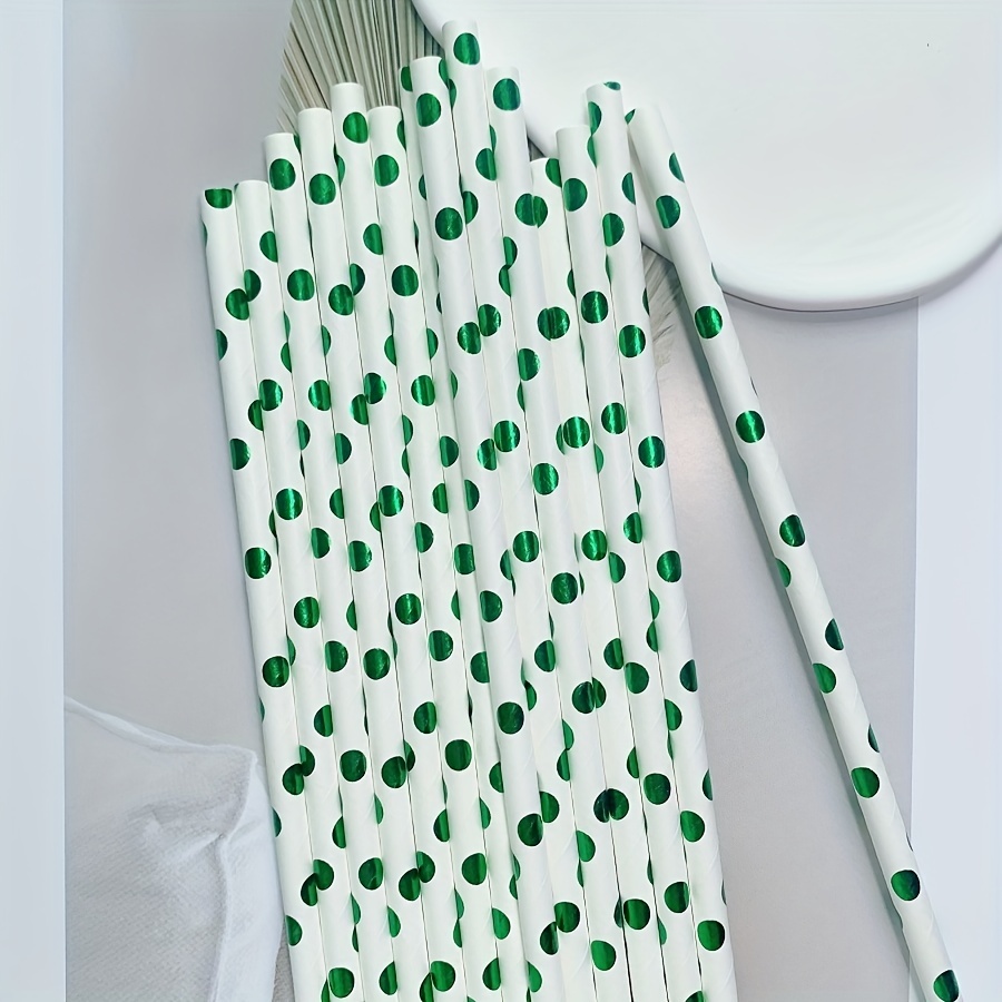 25 Pcs Paper Straws White Green Small Polka Dot Drinking Straw For