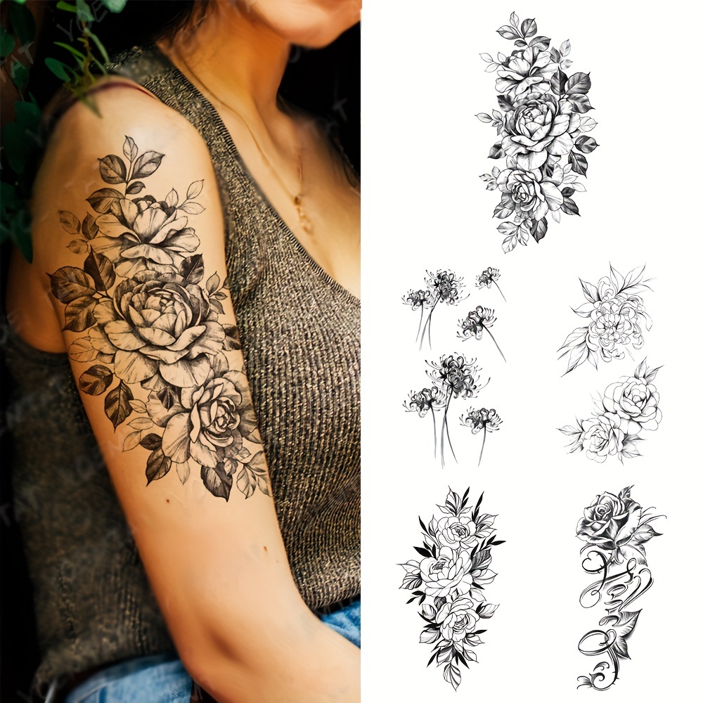 Tatuaje Temporal Floral Duradero Impermeable En Tinta Negra - Temu