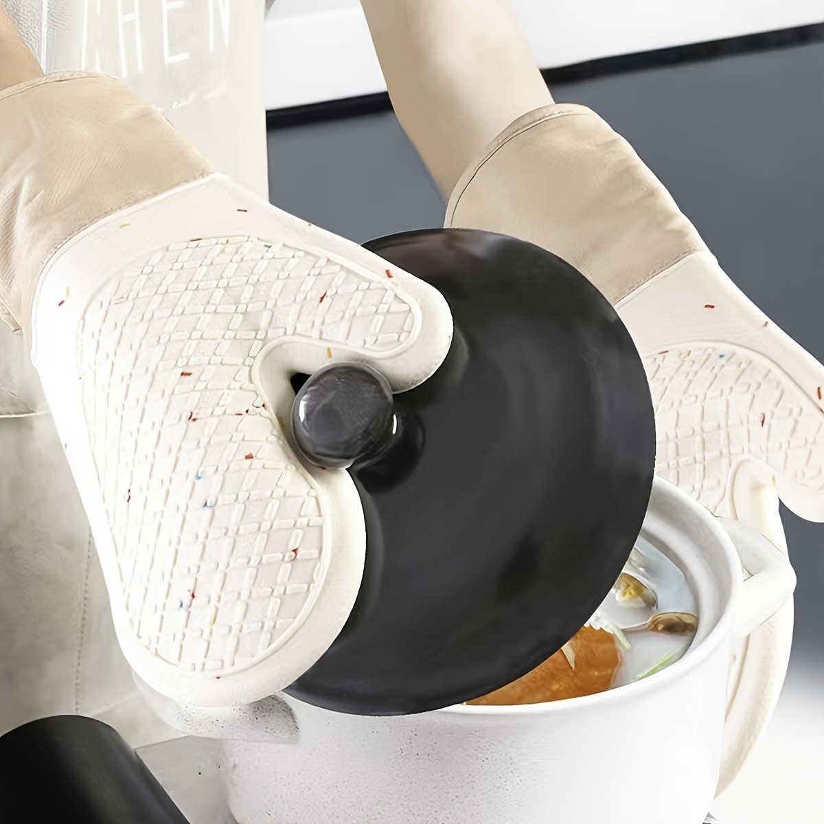 Manoplas antideslizantes para horno de cocina, guantes de algodón con  estampado de silicona, resistentes al calor