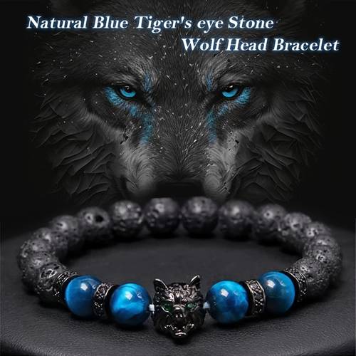 1pc Wolf Head Men's Bracelet, Tiger's Eye Volcanic Rock Handmade Bracelet, Relieve Anxiety And Relax Energy Beads Bracelet